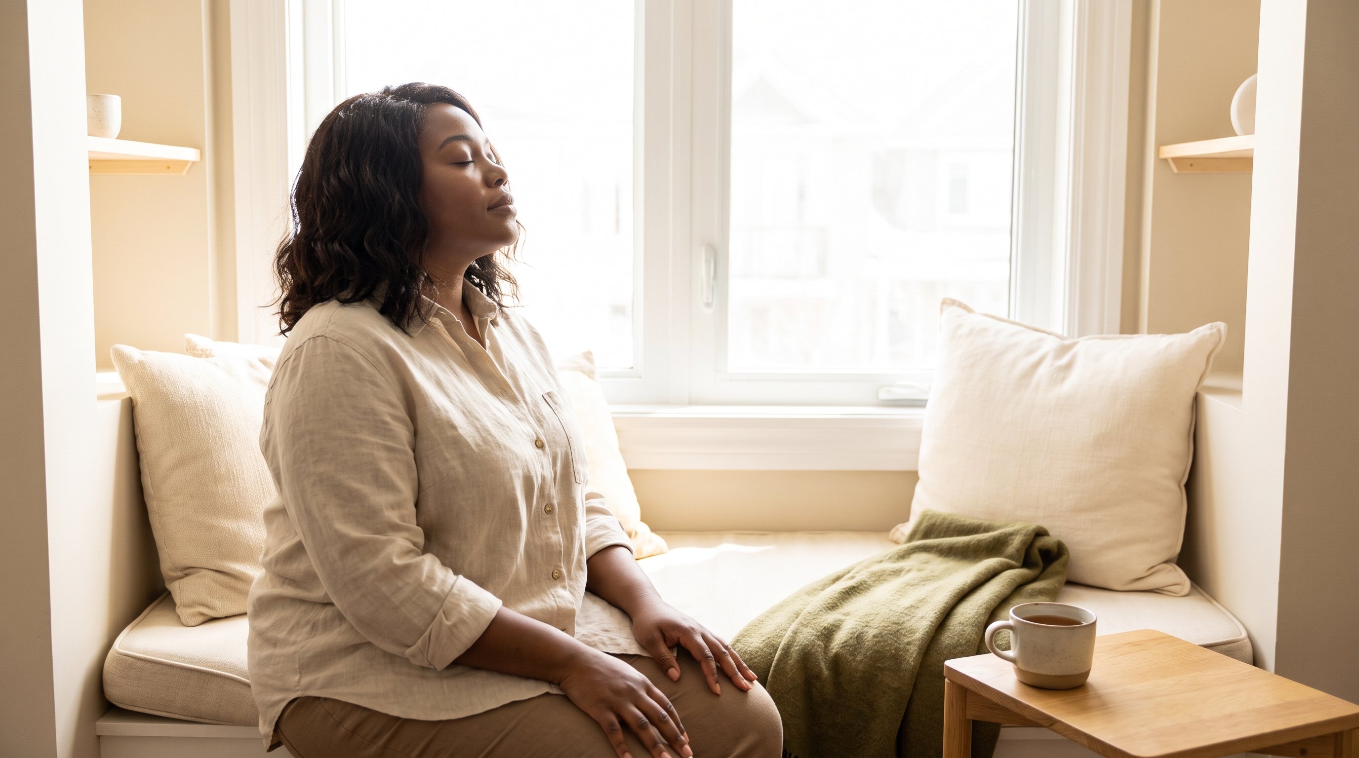 person pausing to breathe before returning to a task