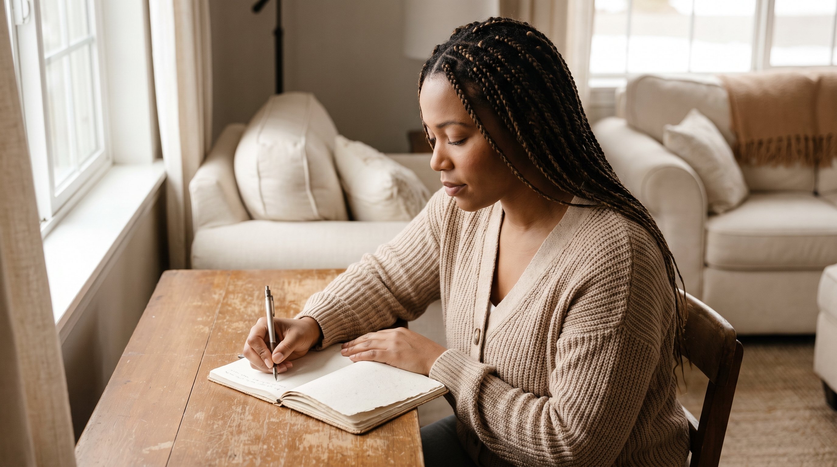 person writing in a notebook at a quiet desk