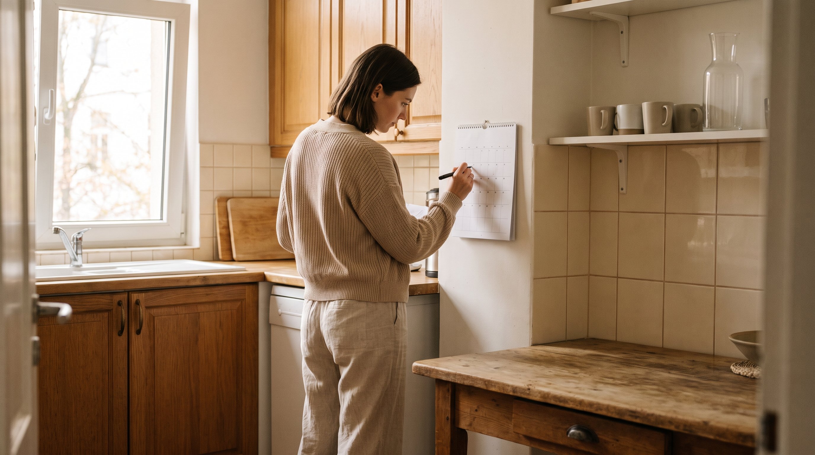 person checking off a small task on a wall calendar