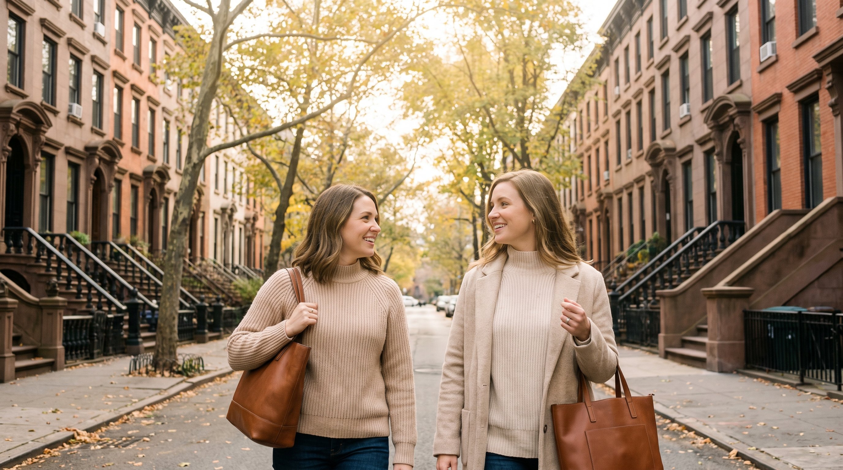 two people walking and talking on a quiet street