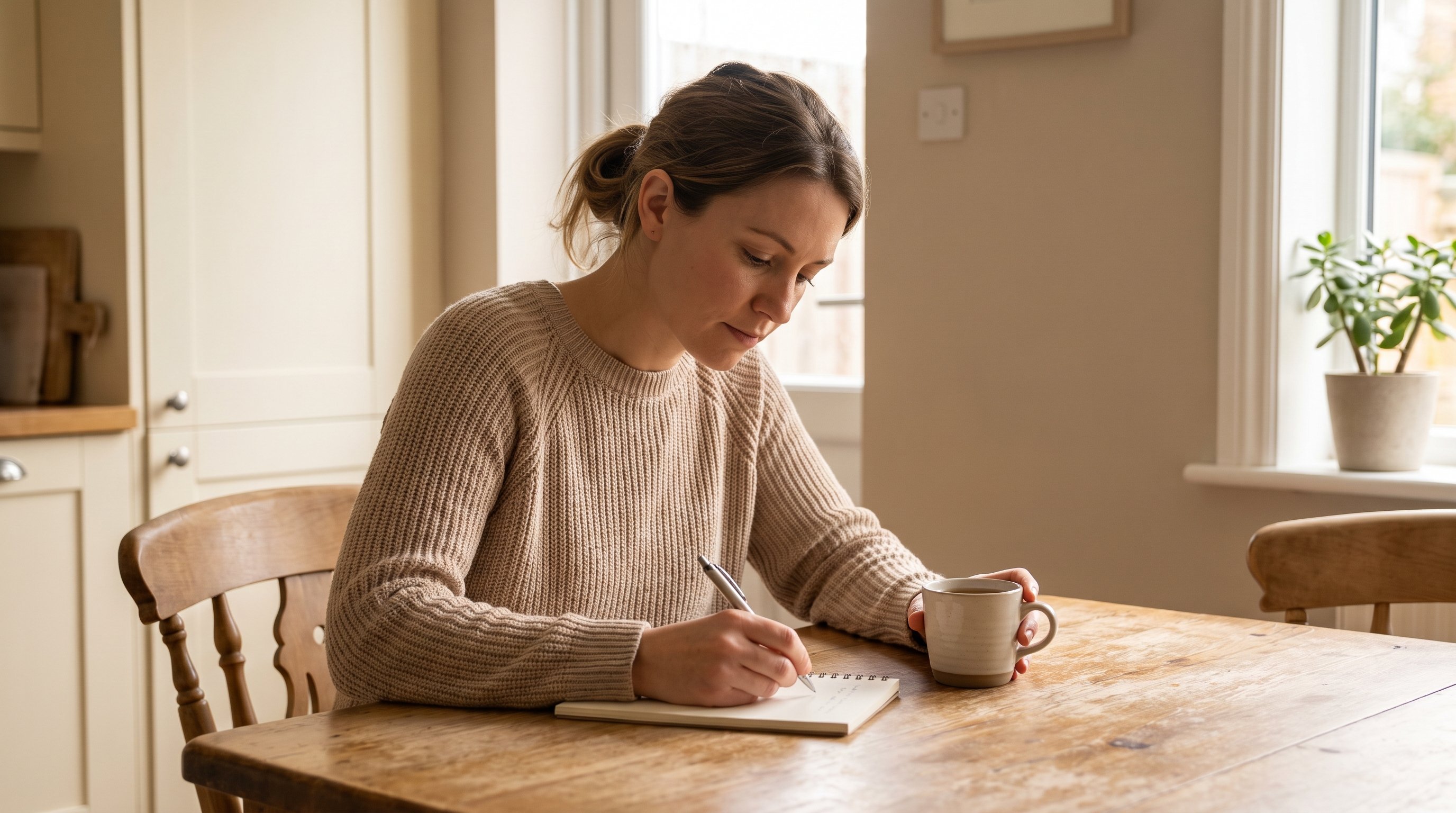 person writing in a notebook at a kitchen table