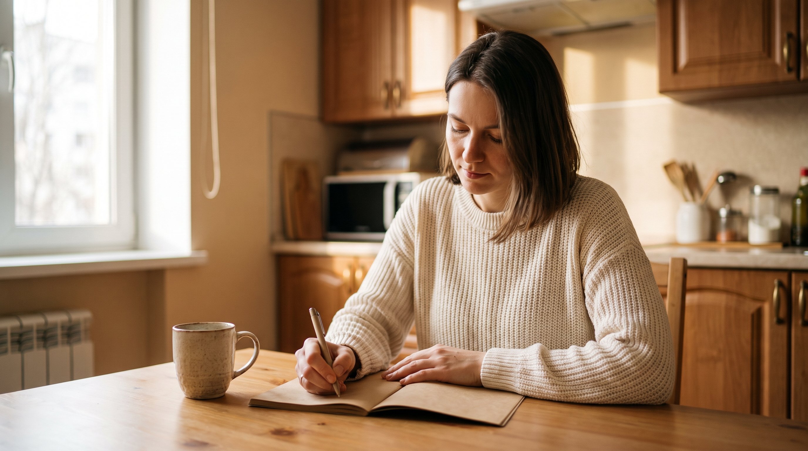 person writing in a notebook at a kitchen table person writing in a notebook at a kitchen table