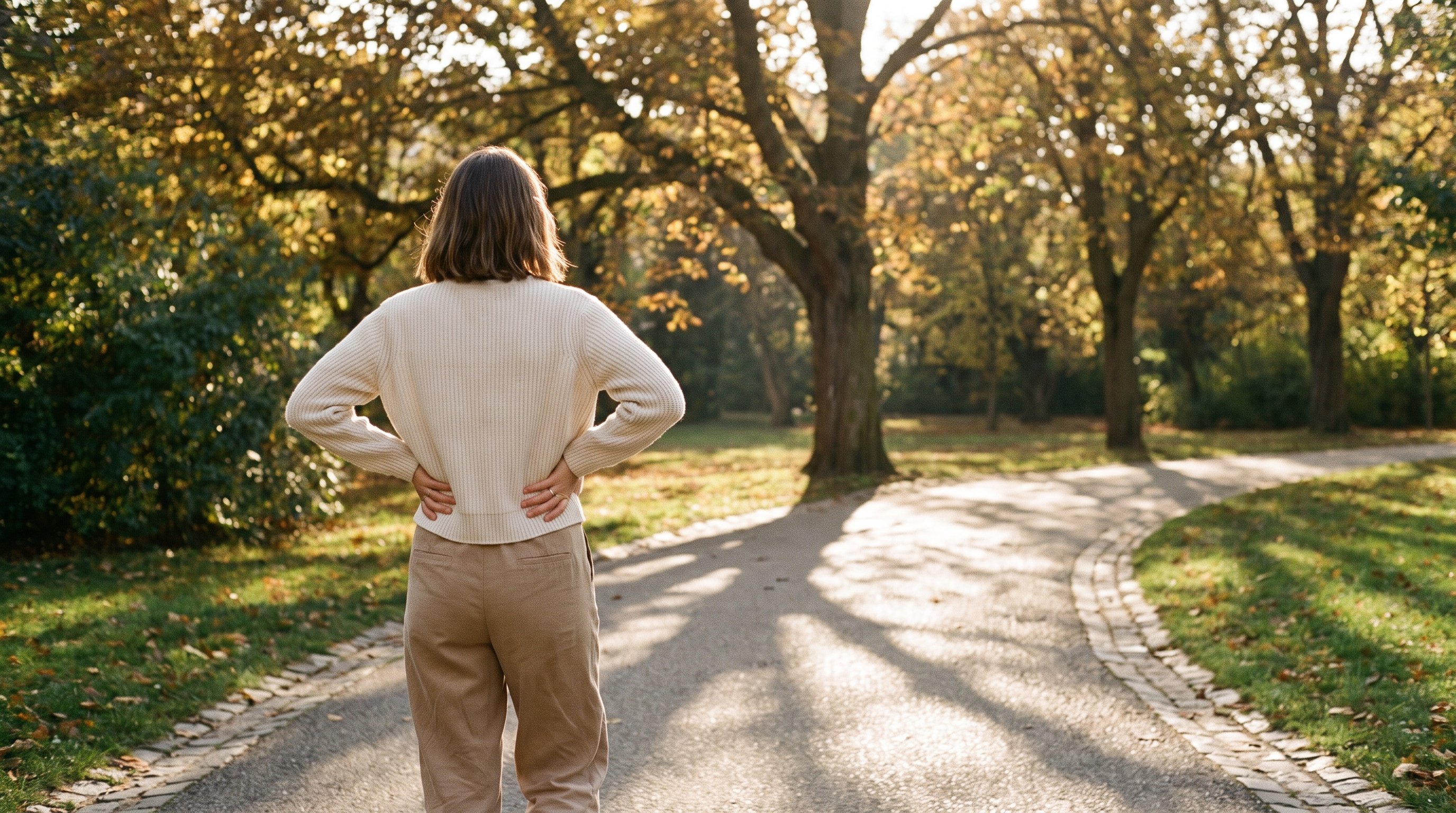 person pausing mid-run on a park path to catch their breath