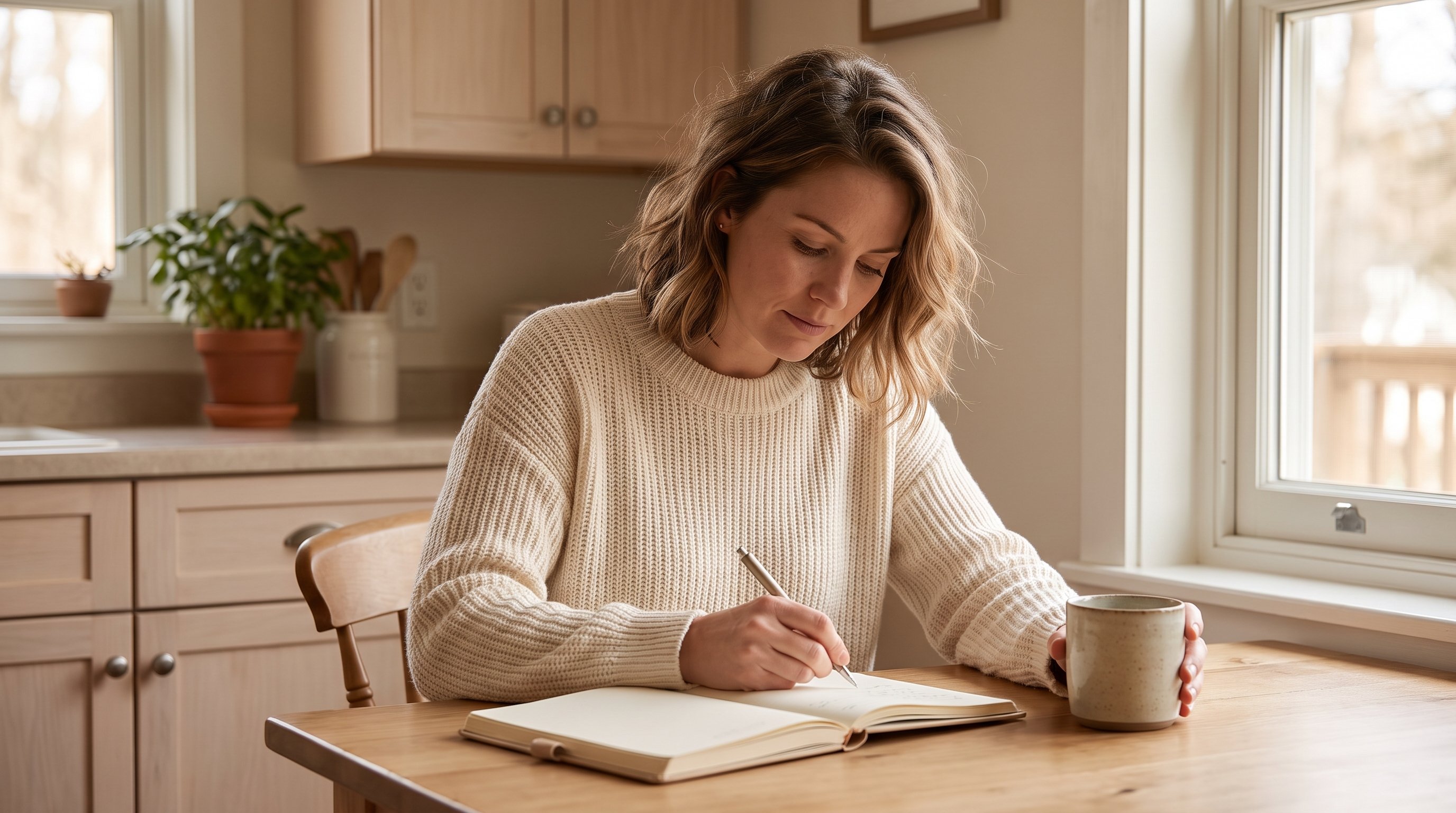 person smiling while journaling at a kitchen table in morning light person smiling while journaling at a kitchen table in morning light