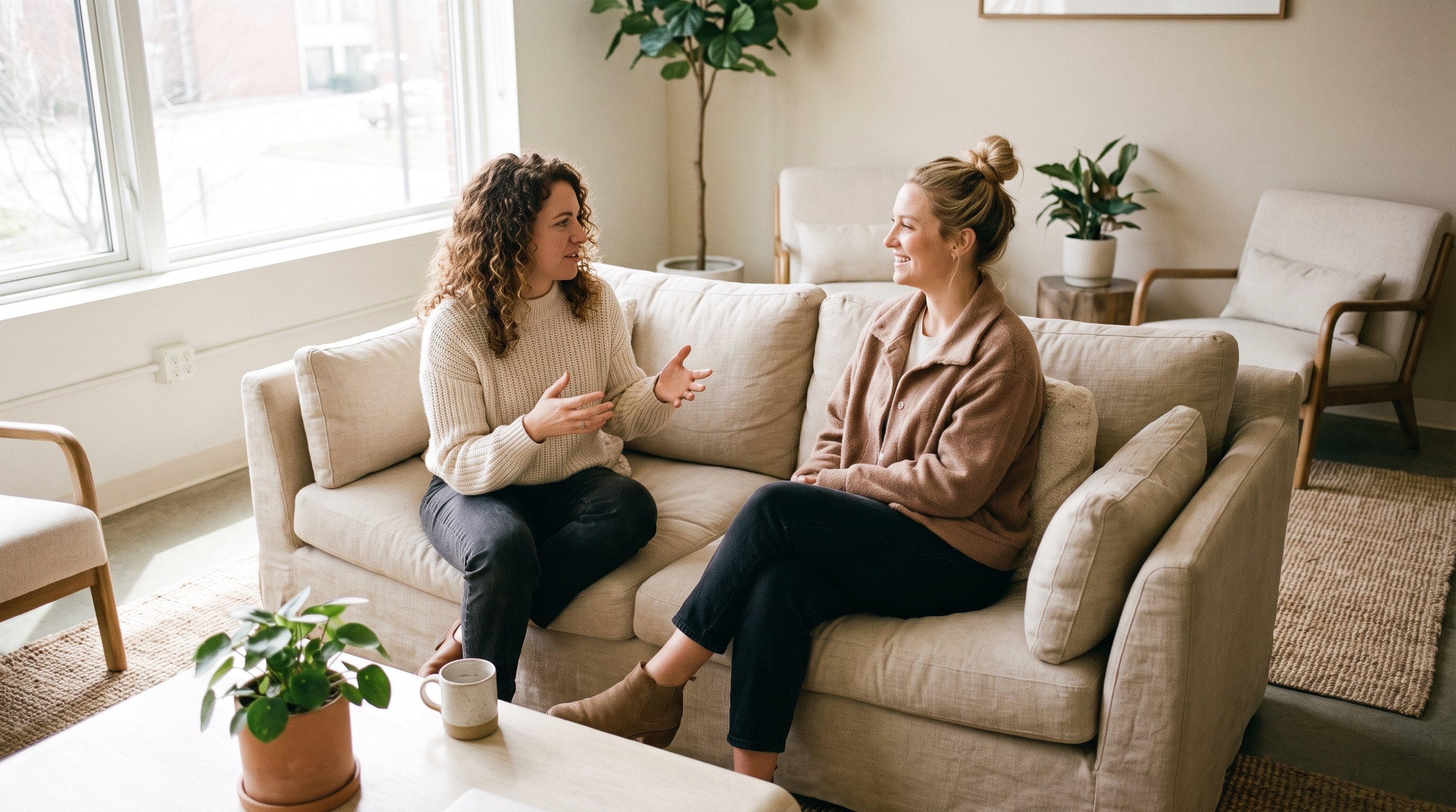 two colleagues talking calmly after a stressful meeting in an office