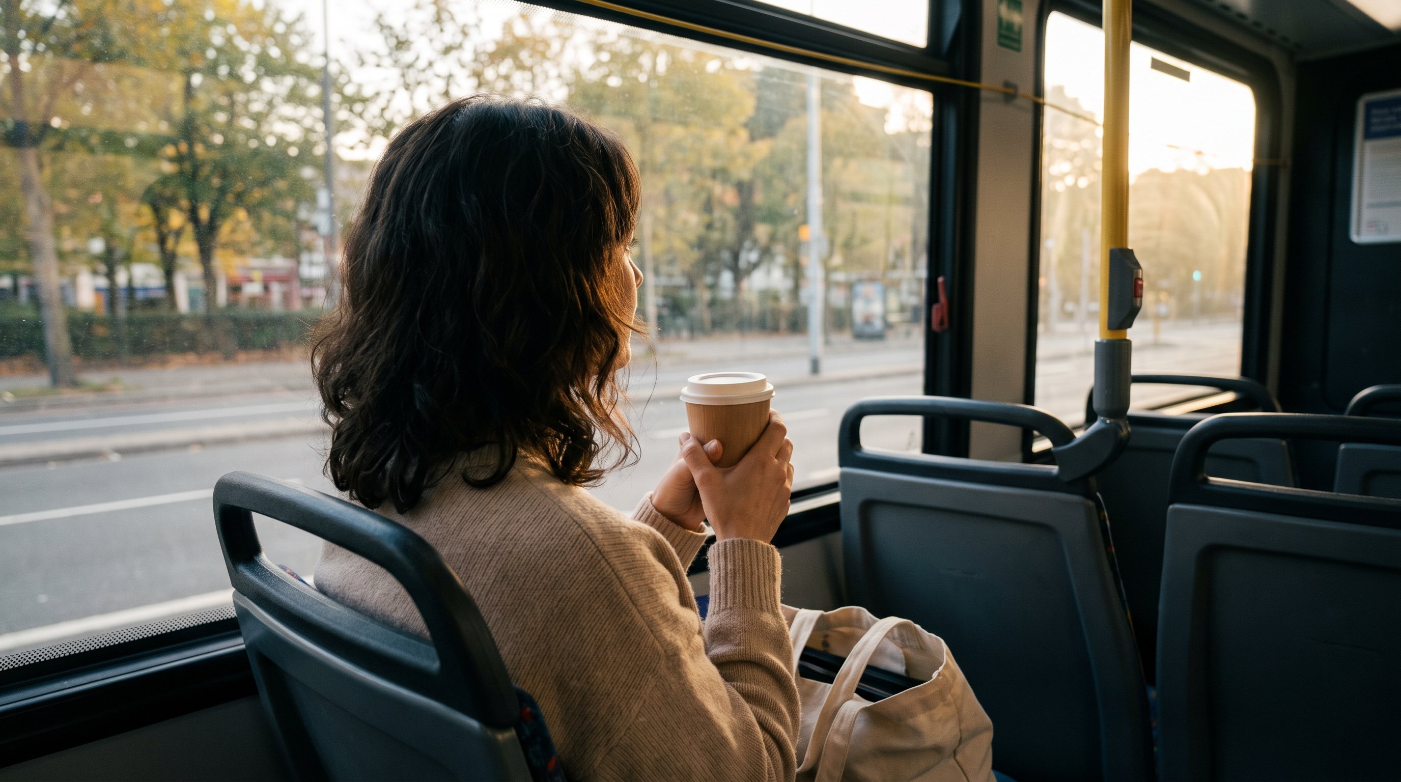 woman writing short notes on phone during morning commute on bus