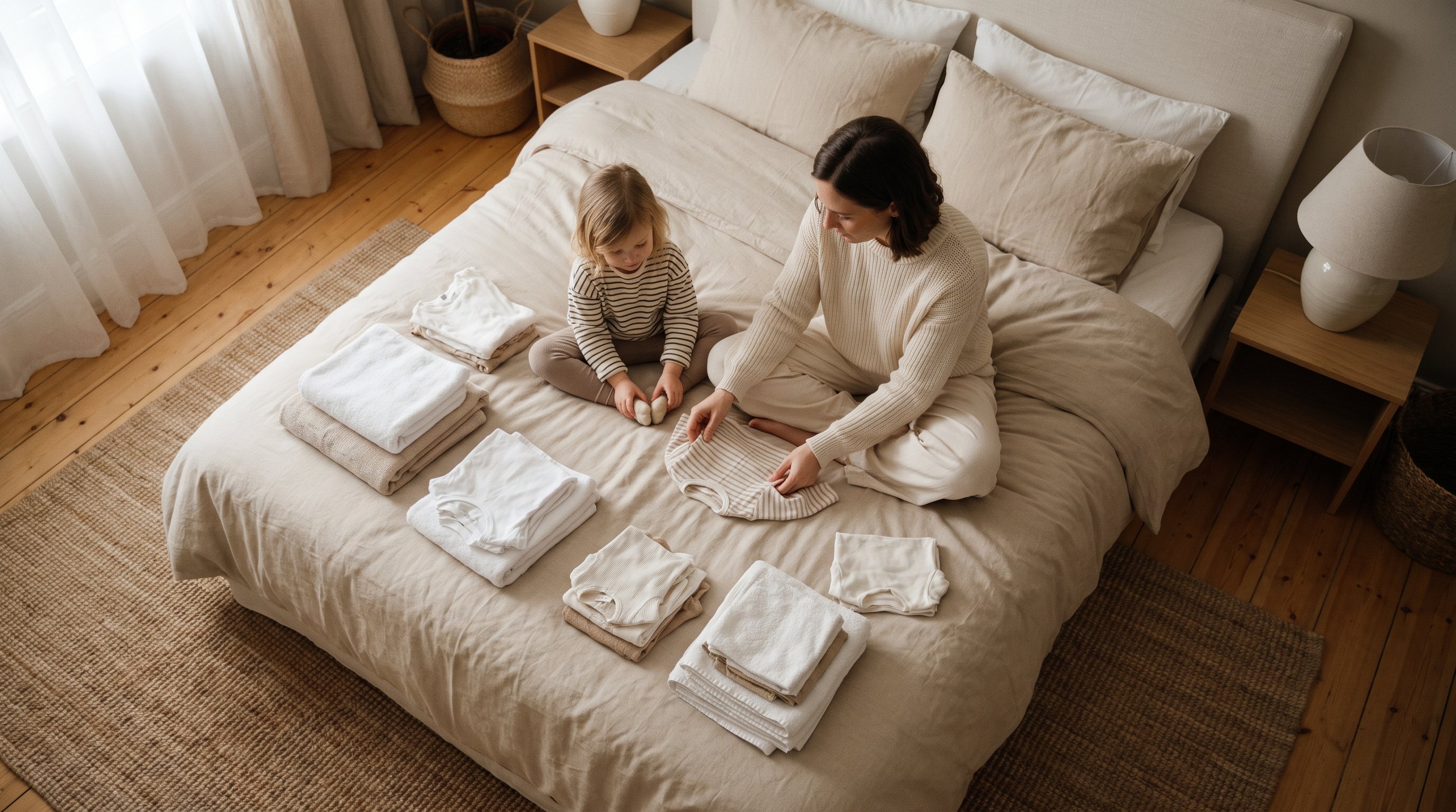 parent and child folding laundry together on a bed