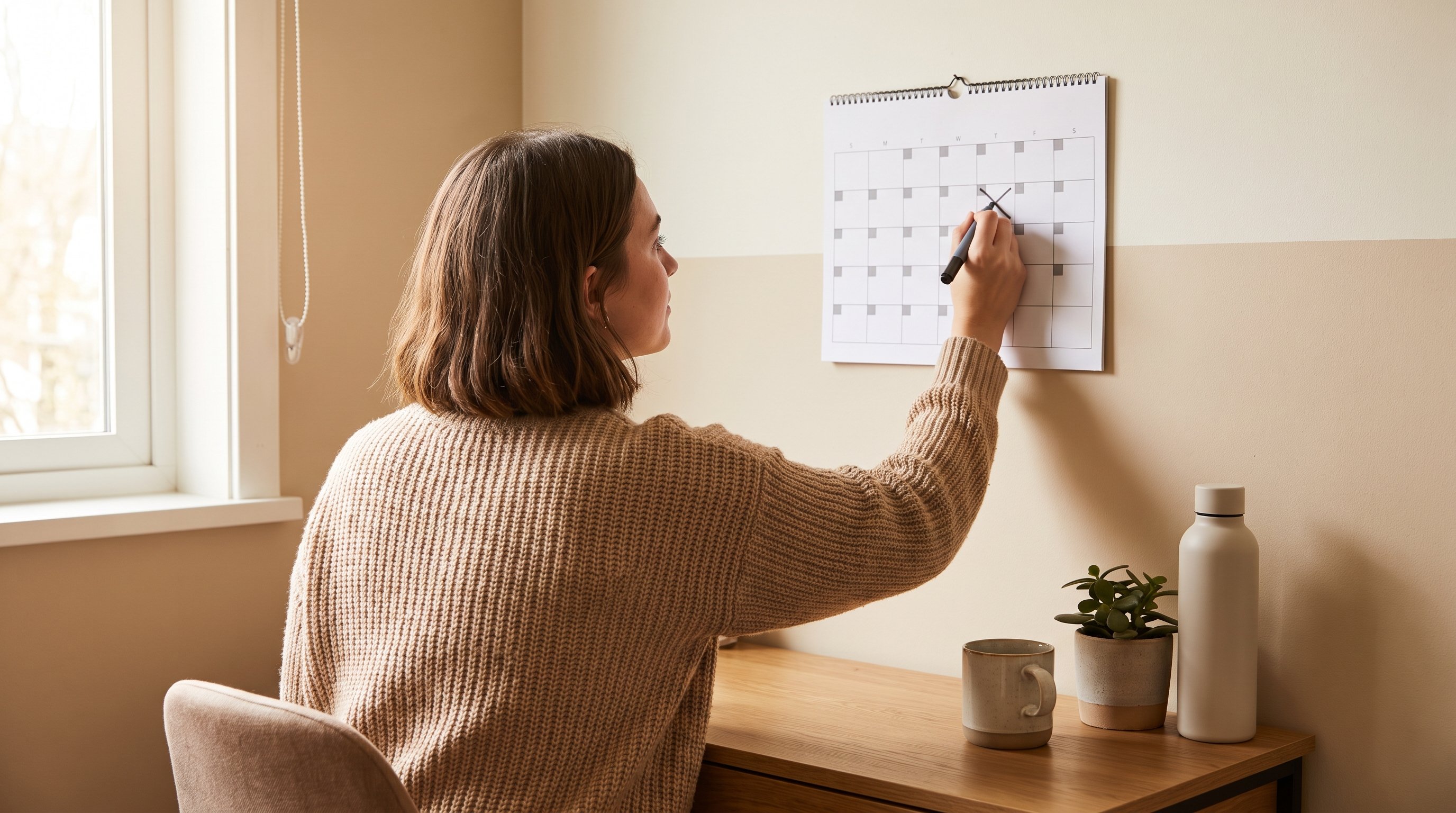 person checking off a small notebook tracker at a desk