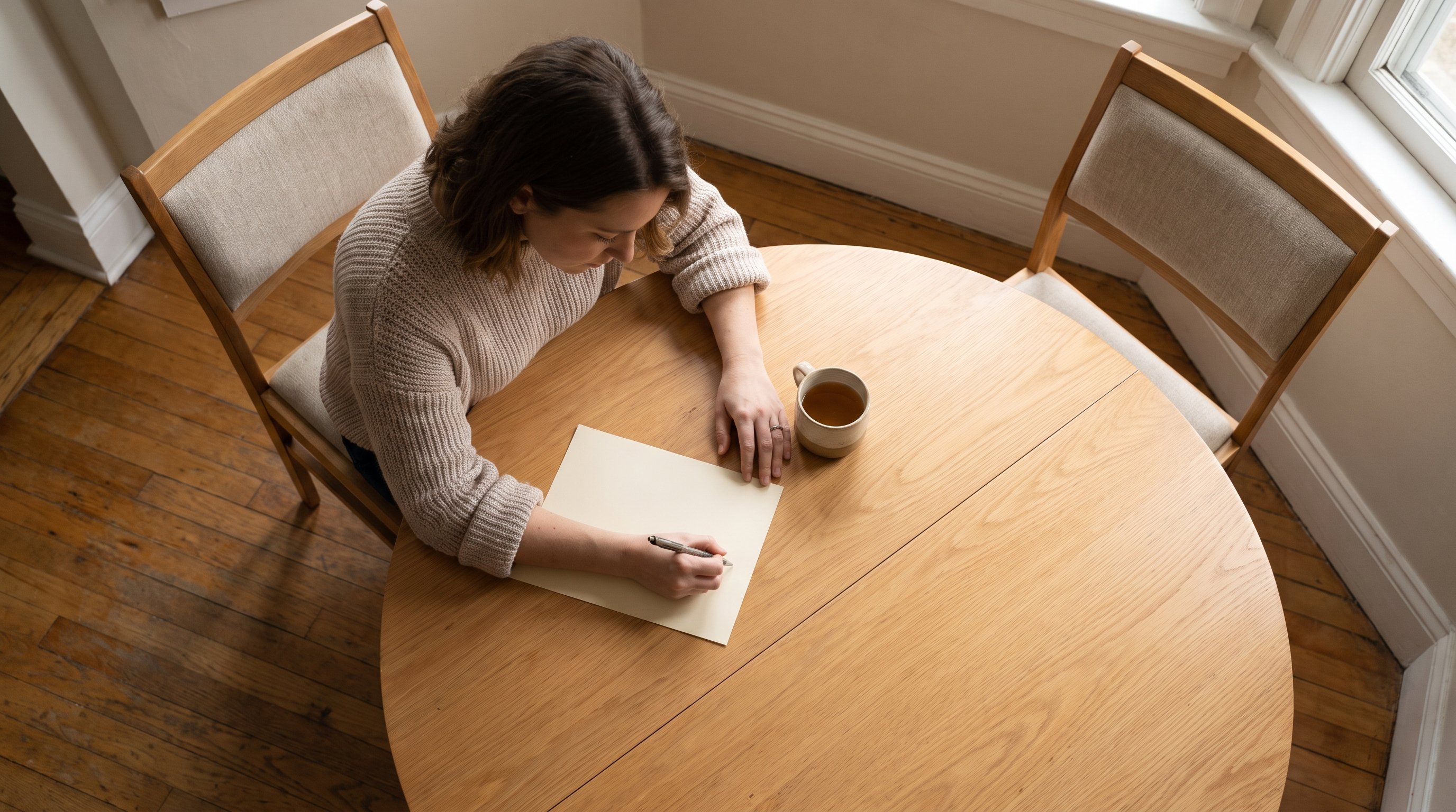 person writing goals in a notebook at a kitchen table