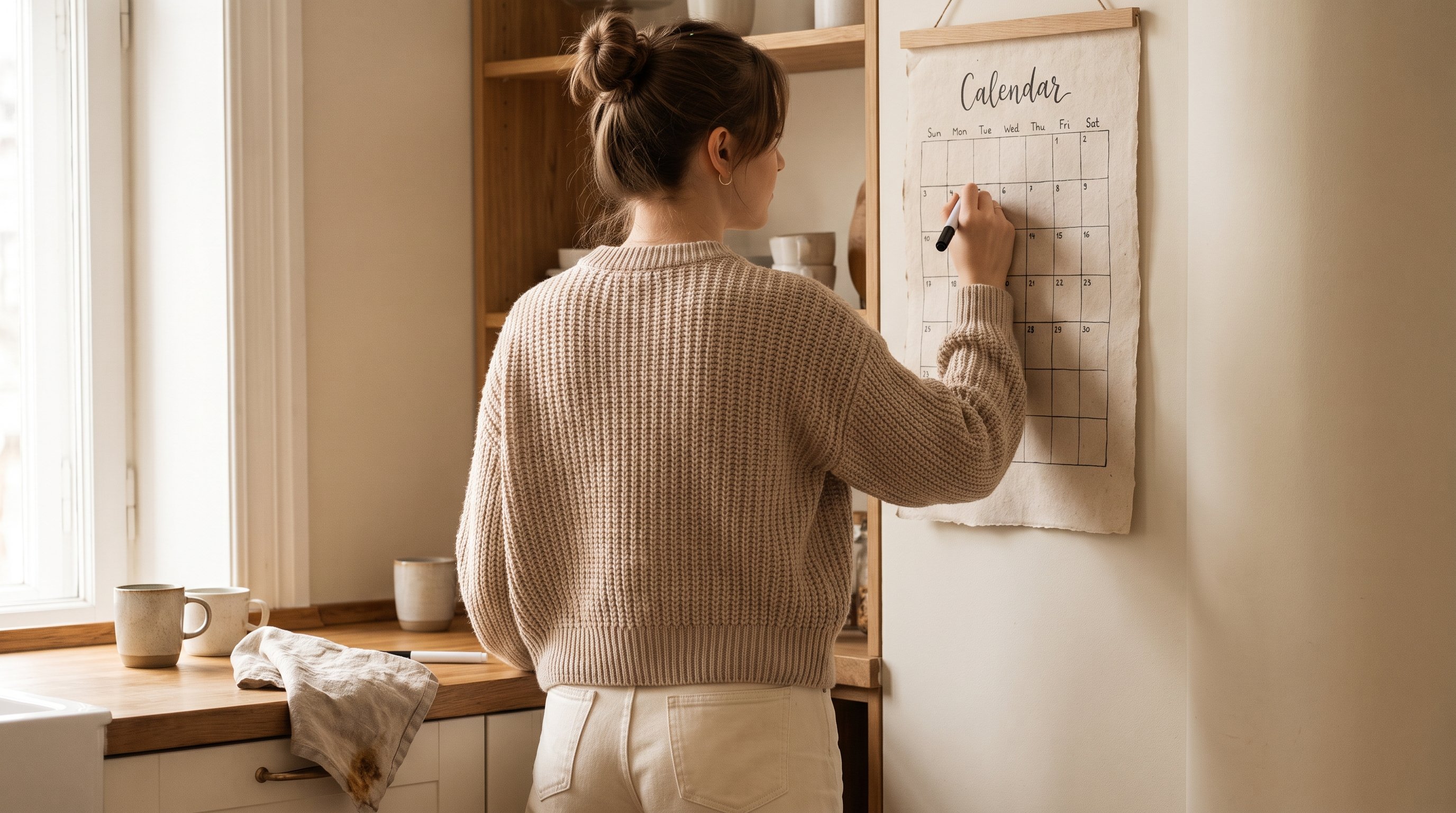 colleague glancing at a packed wall calendar in a meeting room