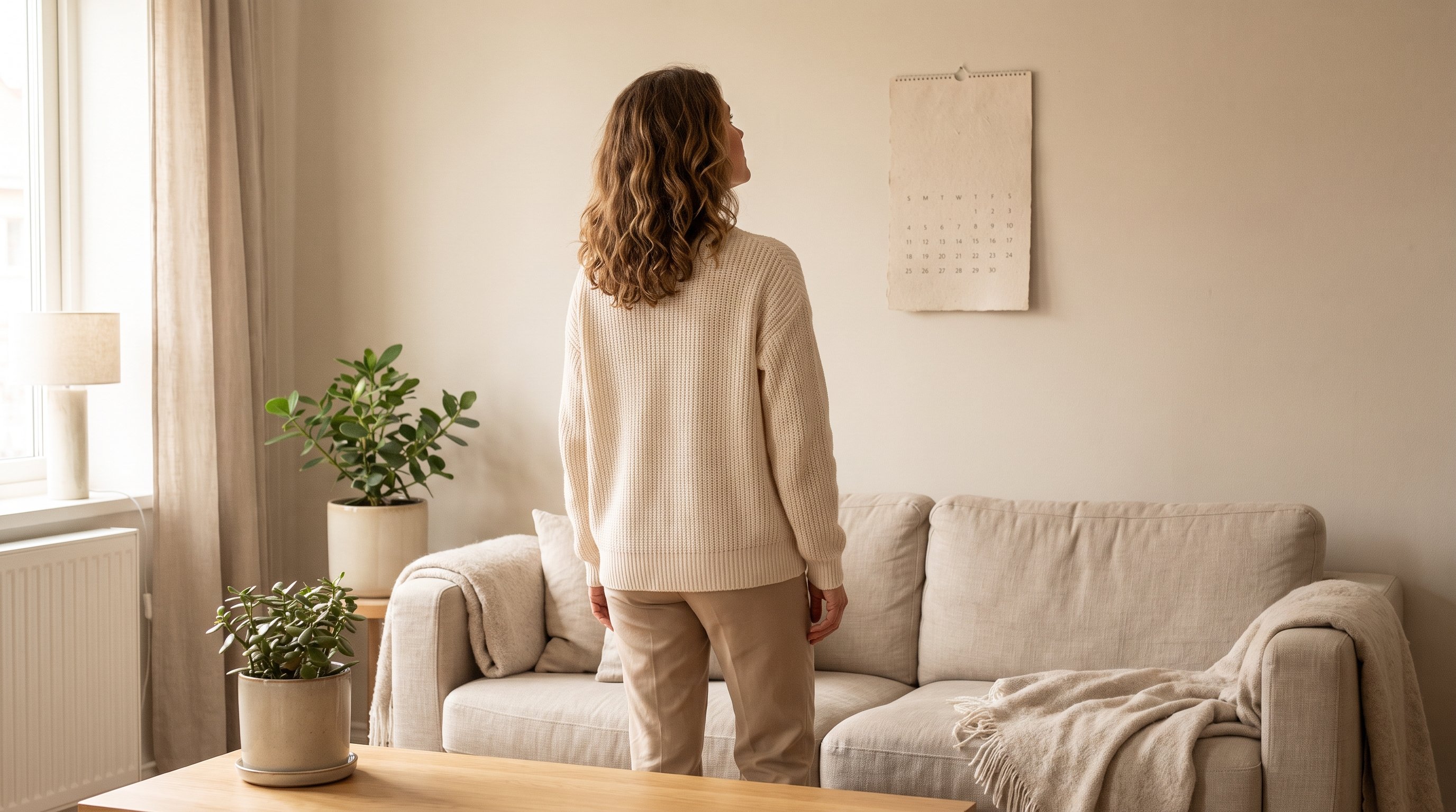 man looking at a wall calendar marked with small checkmarks