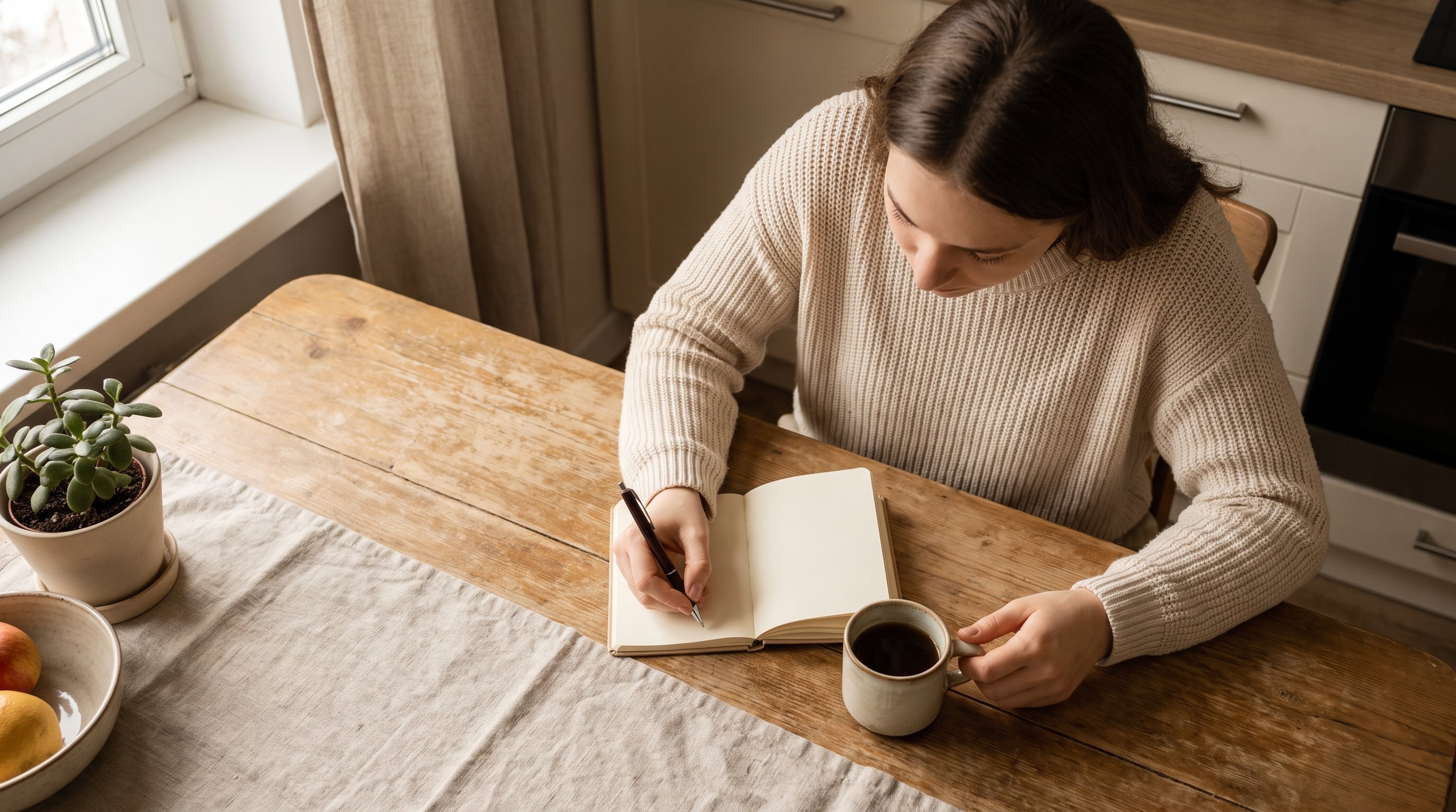 woman writing in a small notebook at a kitchen table