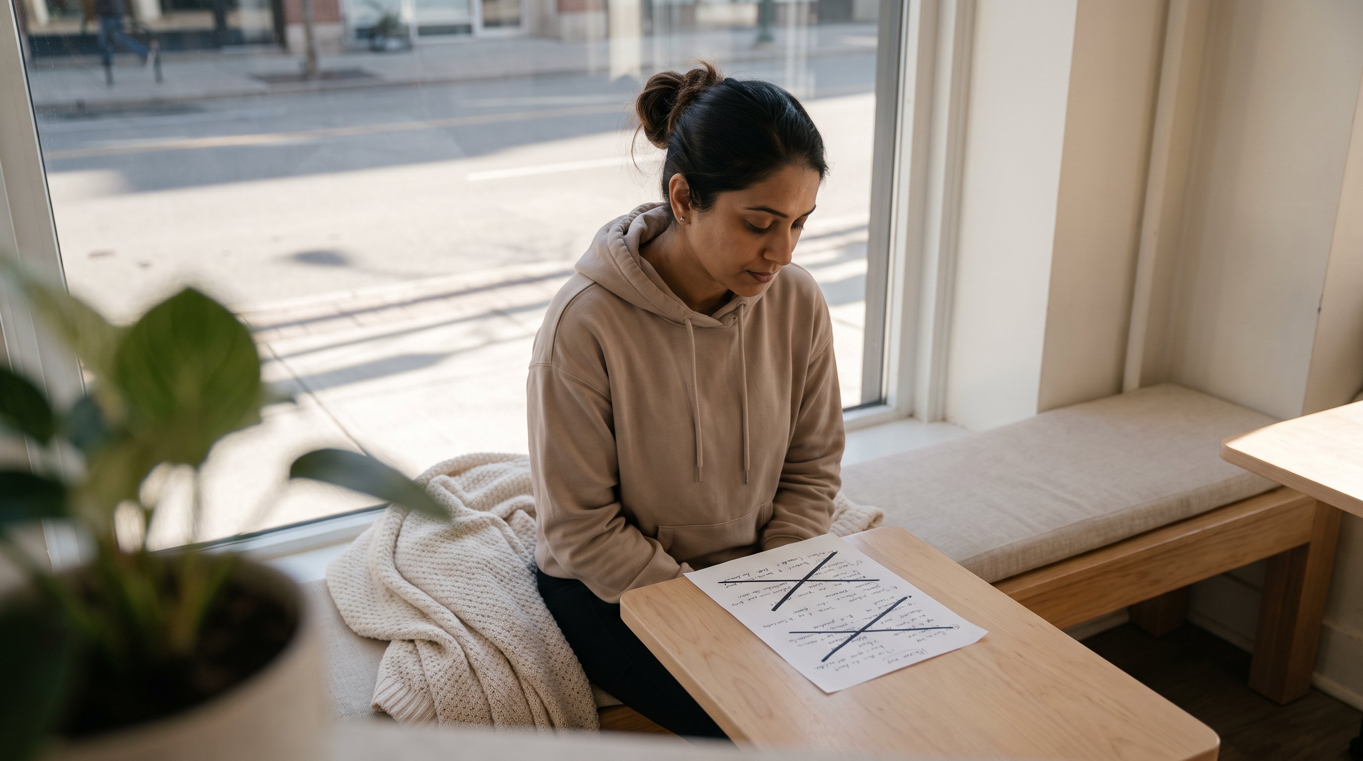 person staring at crossed-out notebook page at desk person staring at crossed-out notebook page at desk