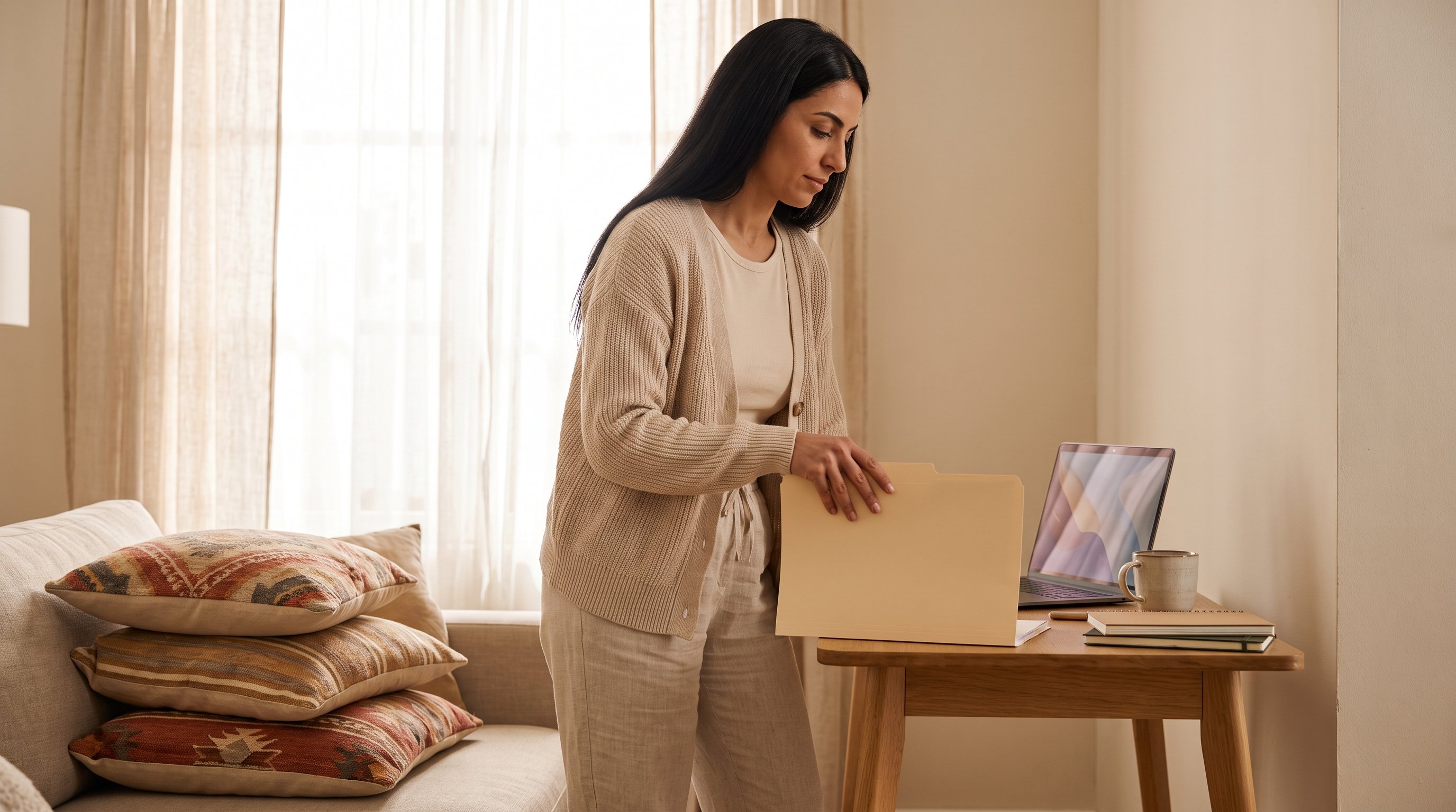 person closing laptop at a set time in a home office