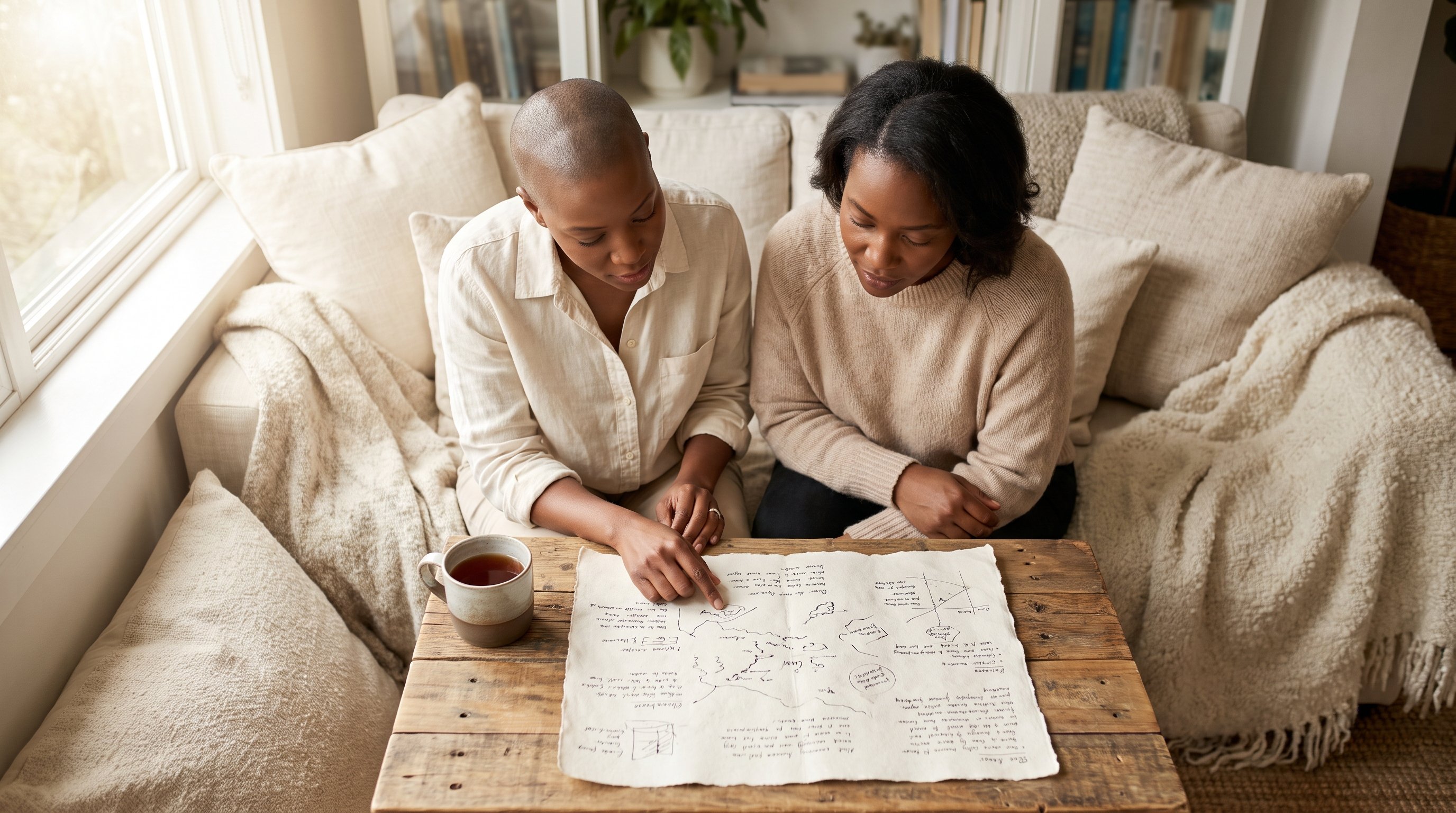 two people comparing notes over a shared document at a table