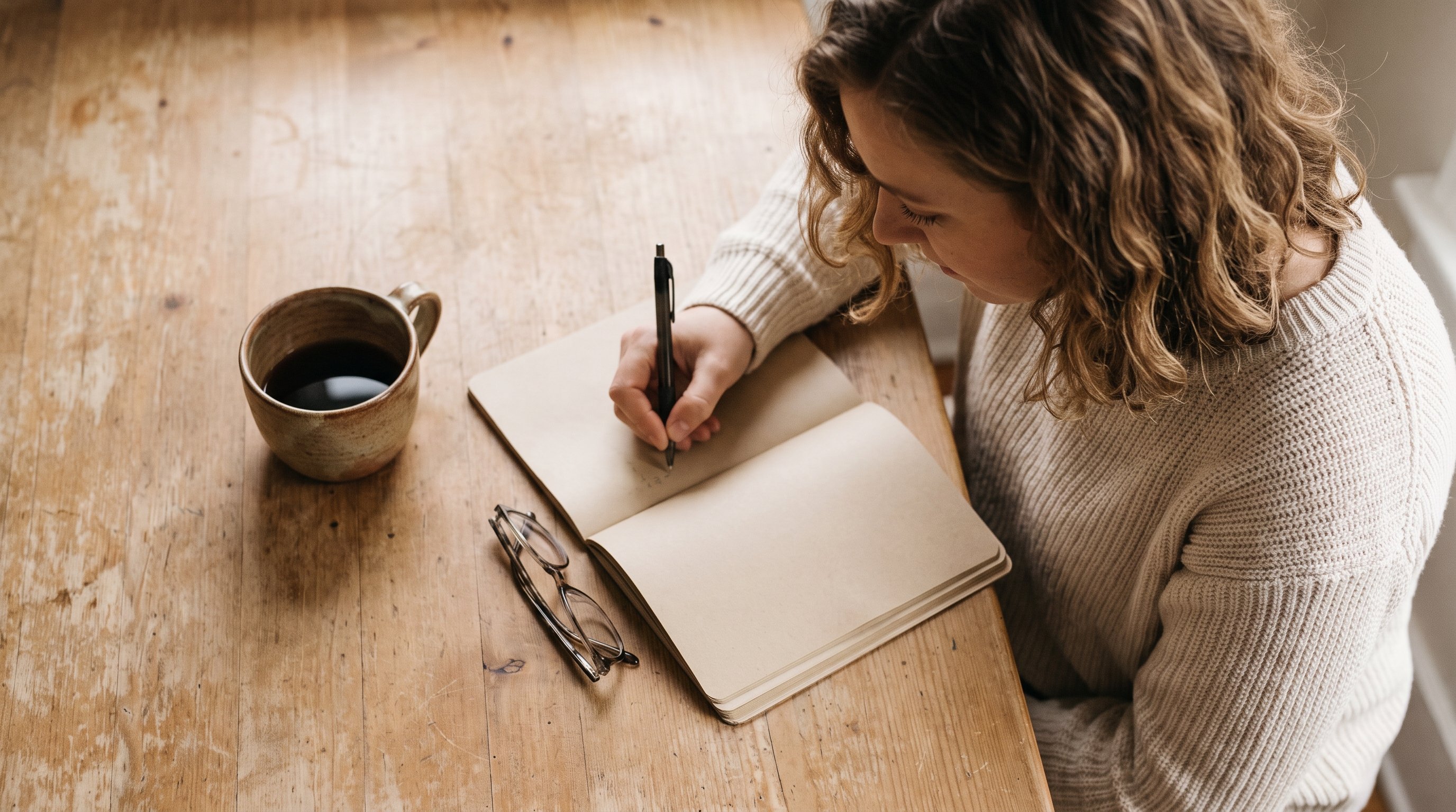 woman writing a short to-do list at a kitchen table in the morning