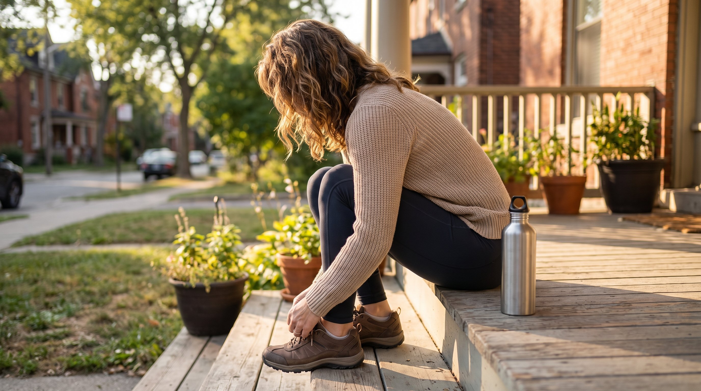 man lacing up trainers on a doorstep before heading out for a walk