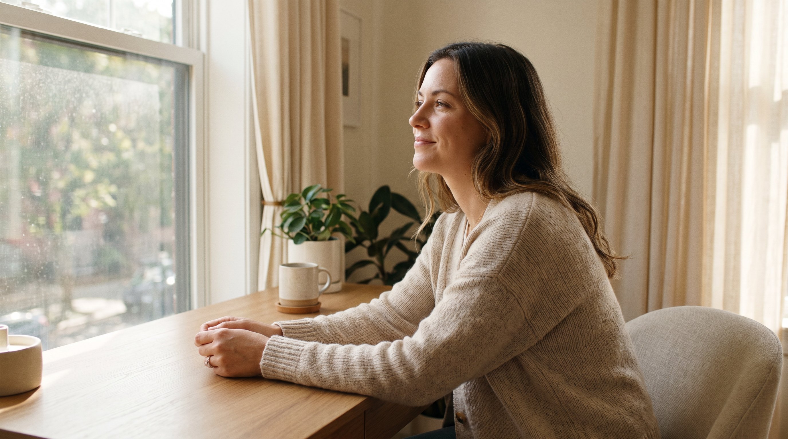 person sitting quietly at a desk with a closed notebook