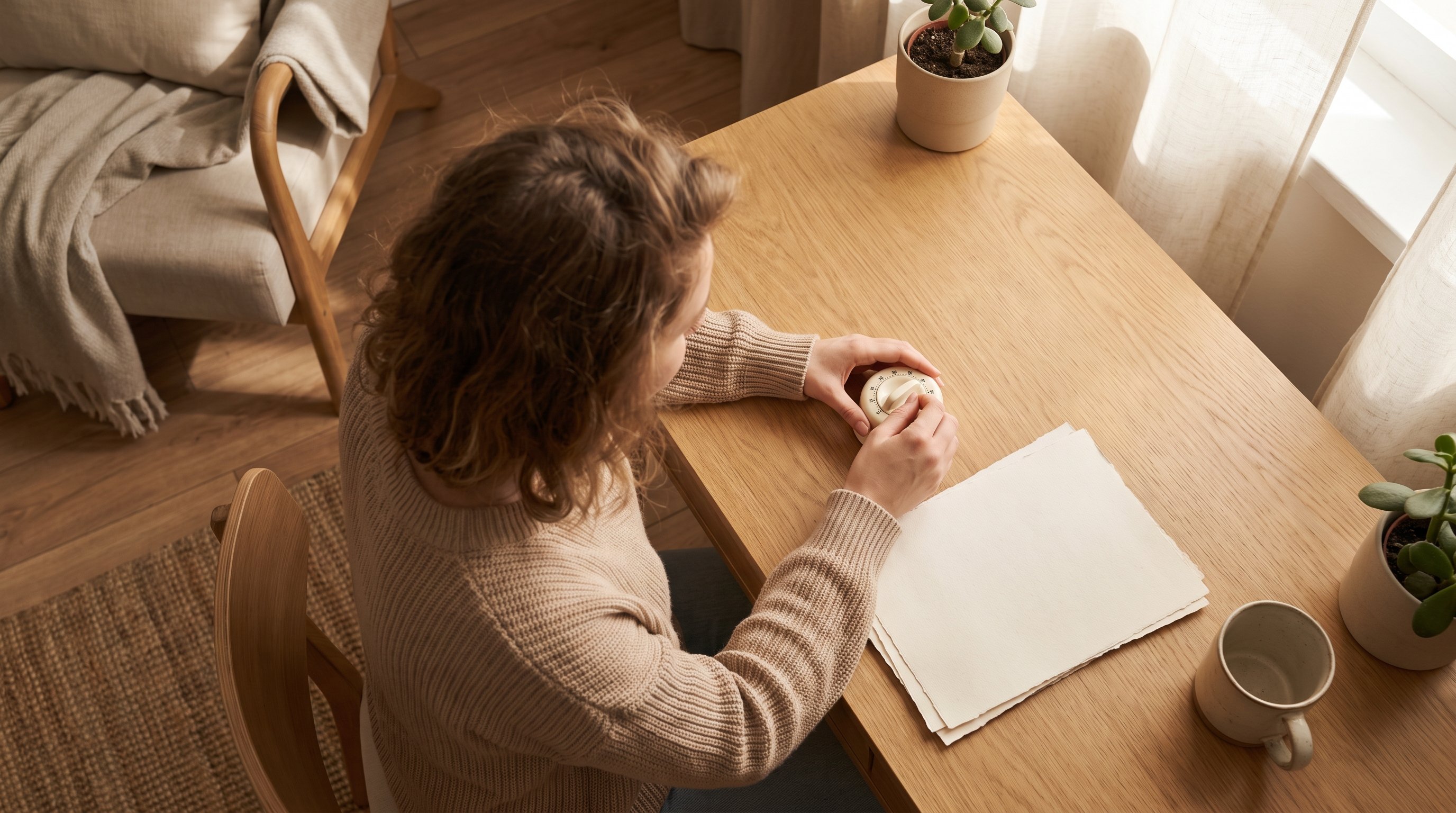 woman setting a timer before starting work at desk