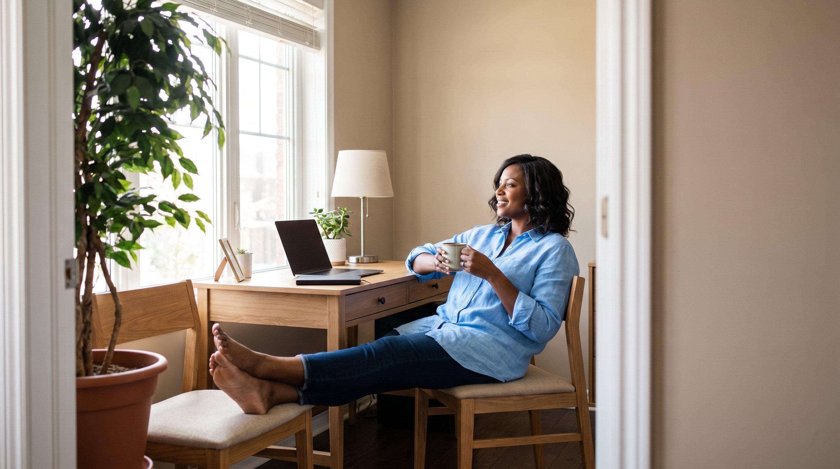 A woman in her 30s relaxing in a cozy living room