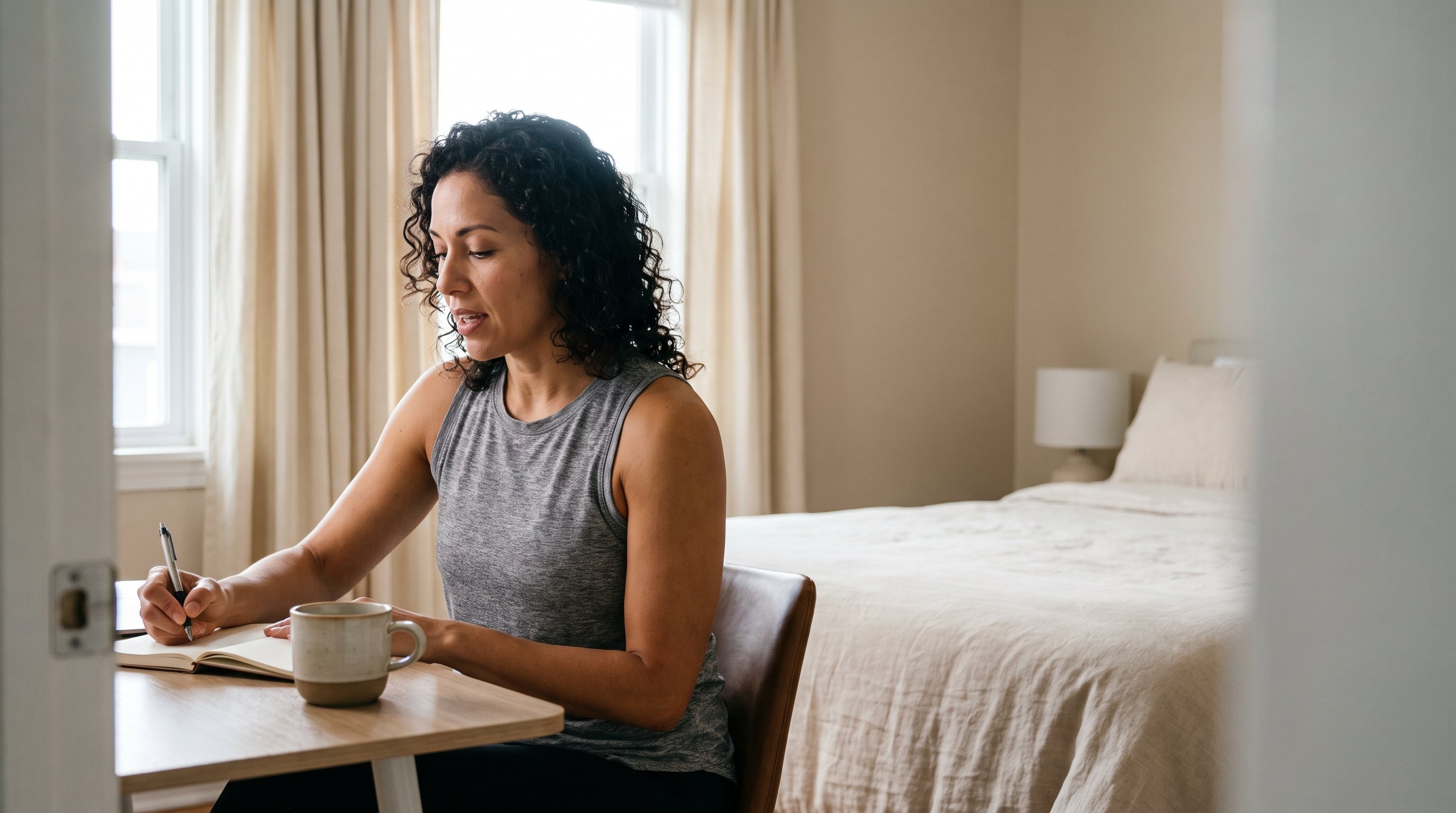 A woman in her 30s writing in a notebook with a cup of coffee