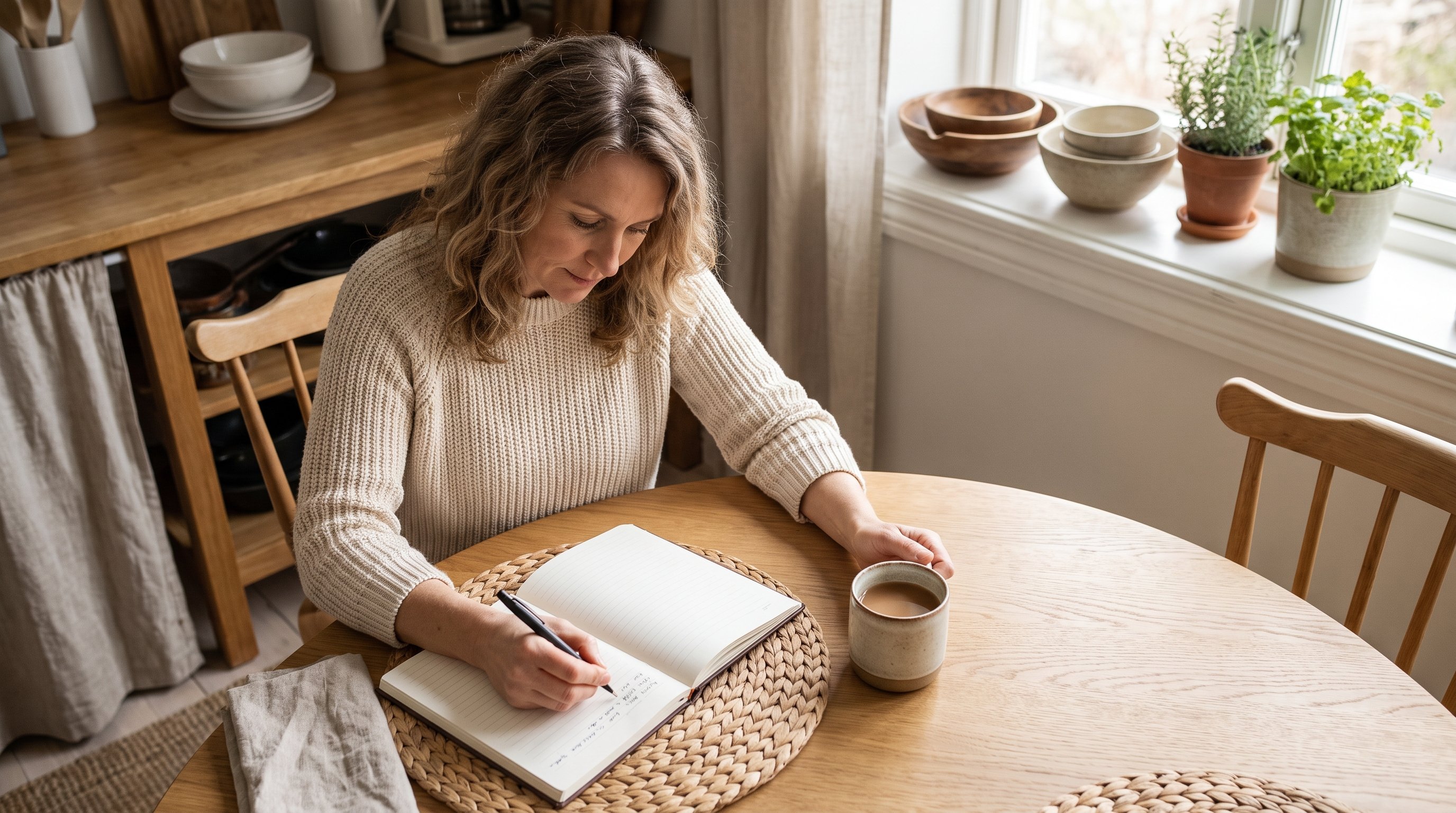 person writing tomorrow's task list at kitchen table in evening