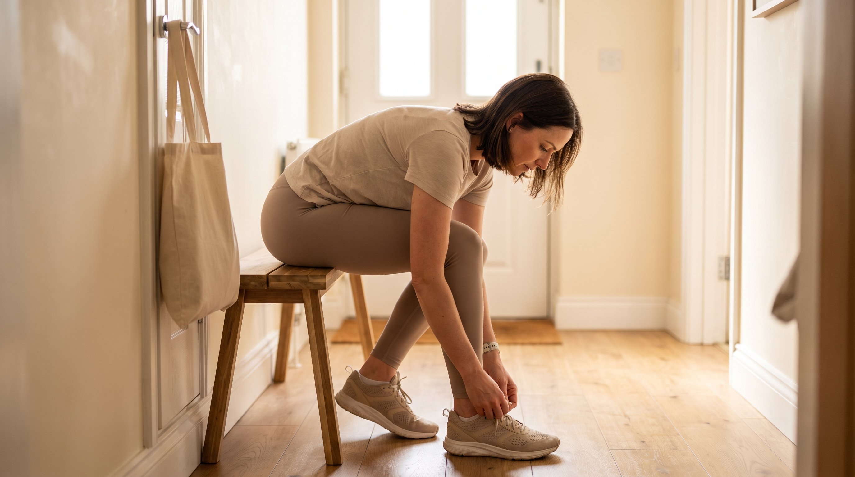 person tying running shoes by front door at dawn
