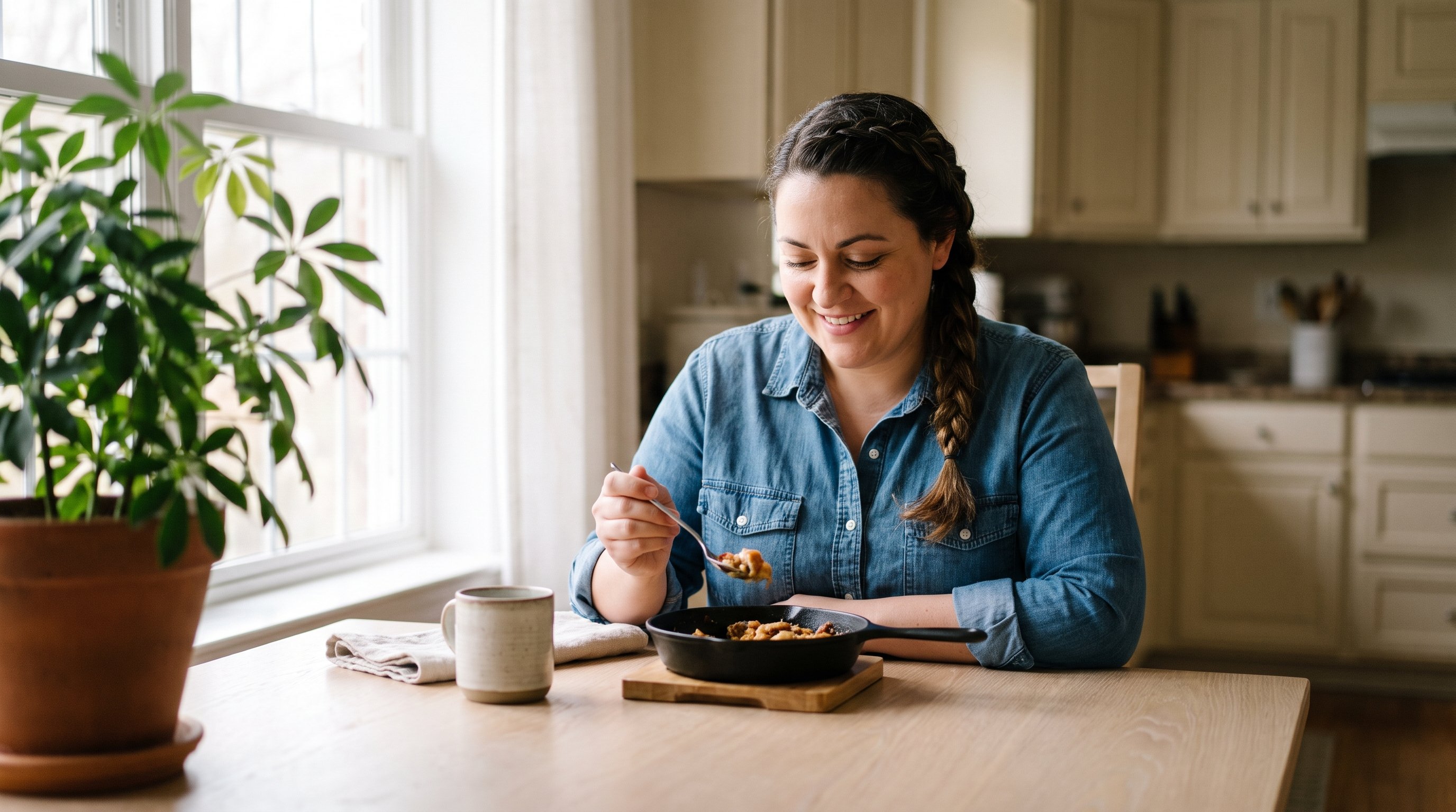 A woman in her 30s at a kitchen table by a window