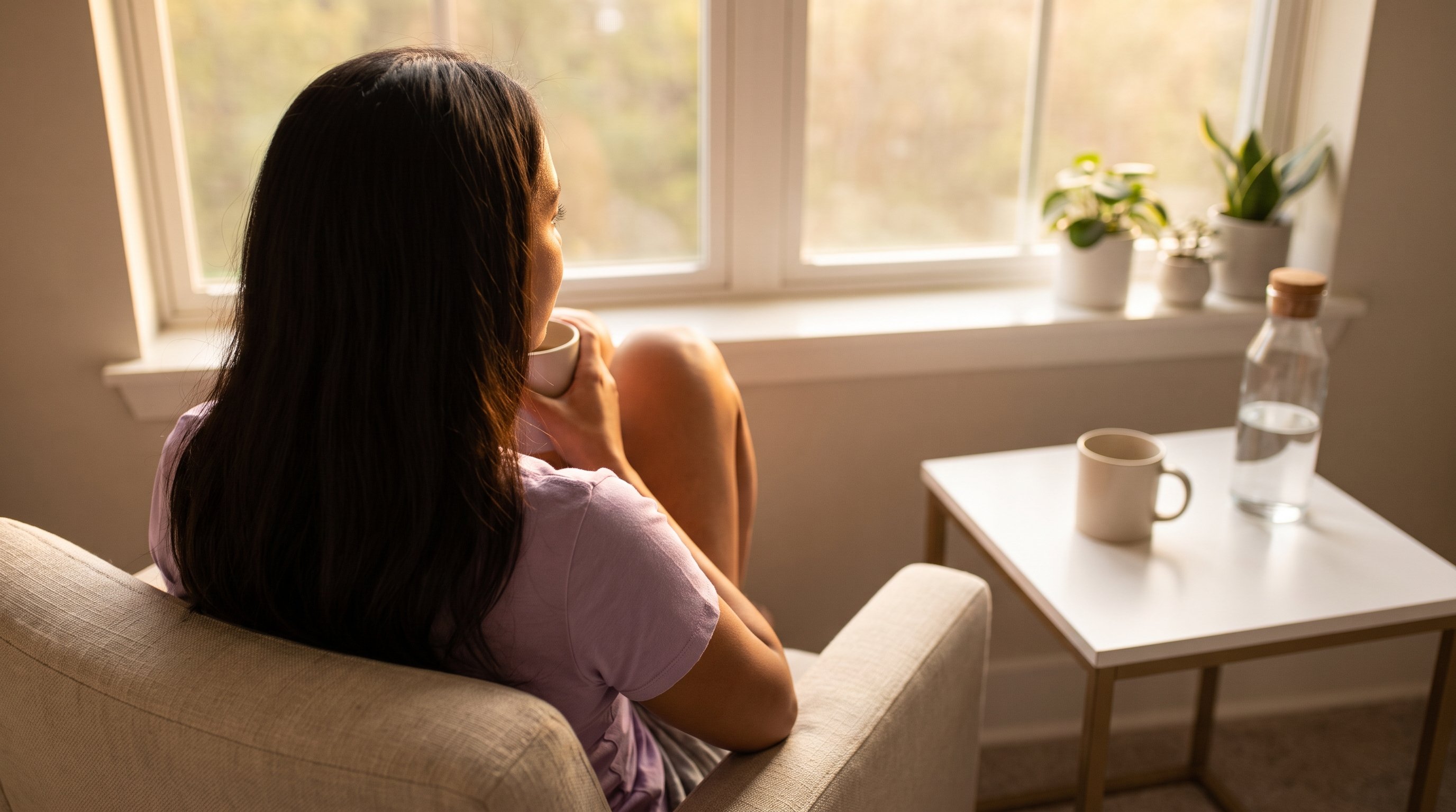 A woman in her 30s in a cozy living room in the evening