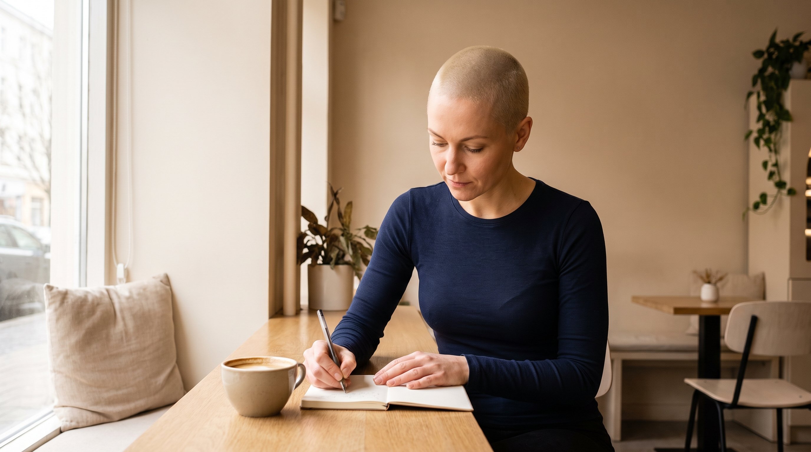 A woman in her 30s writing in a notebook with a cup of coffee