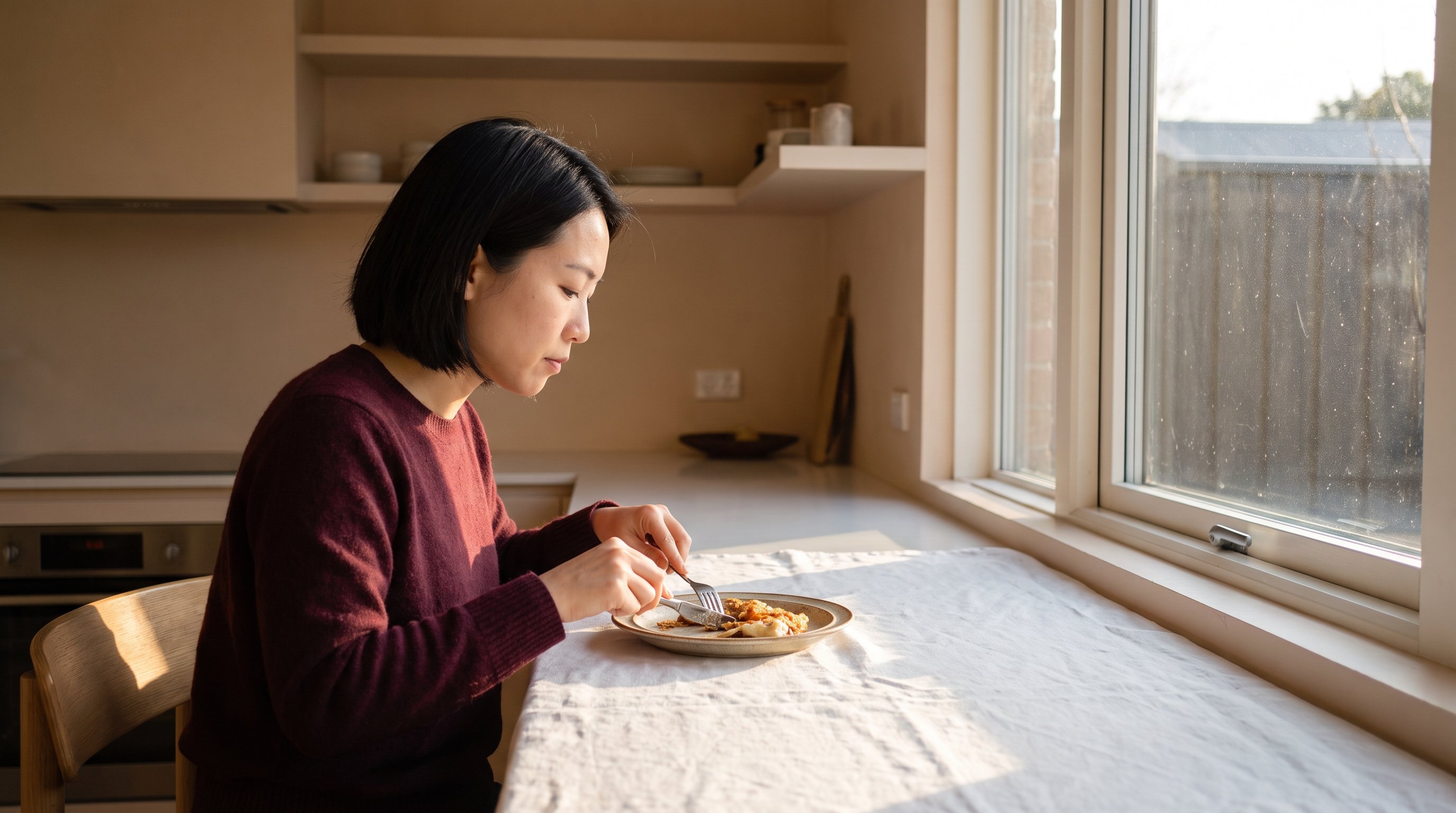 A woman in her 30s at a kitchen table by a window