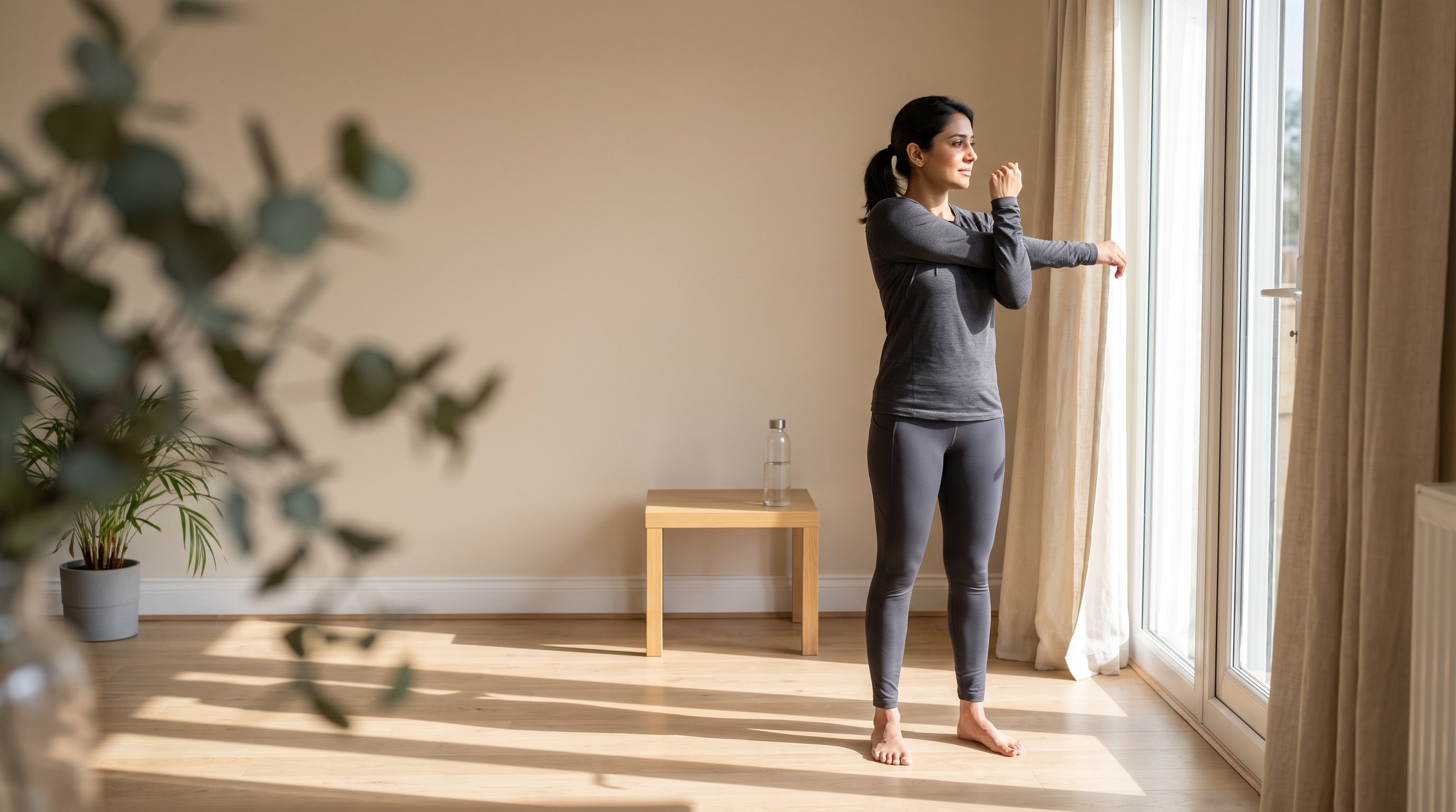 A woman in her 30s stretching in the morning by a window