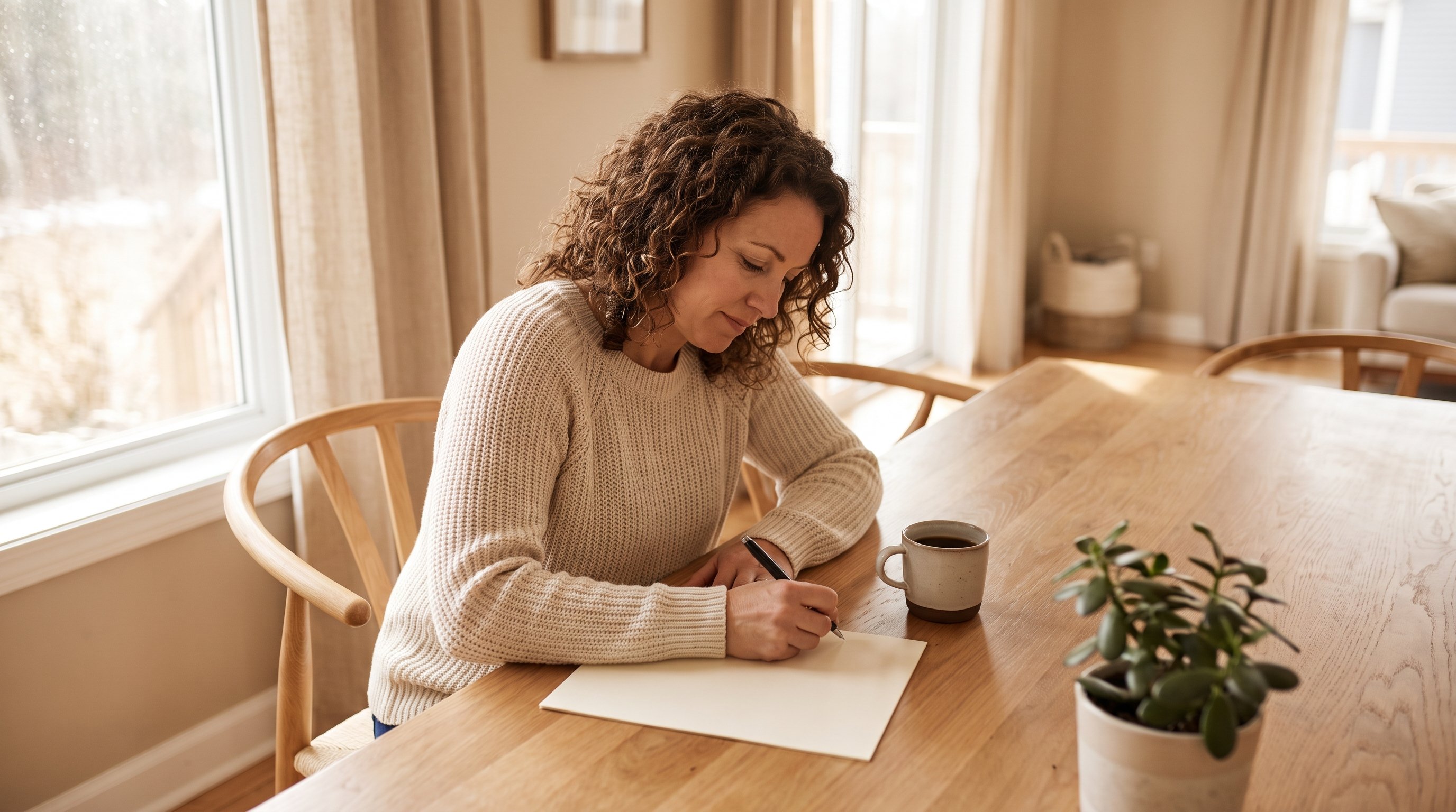 person writing a single line in a notebook at a kitchen table in the evening