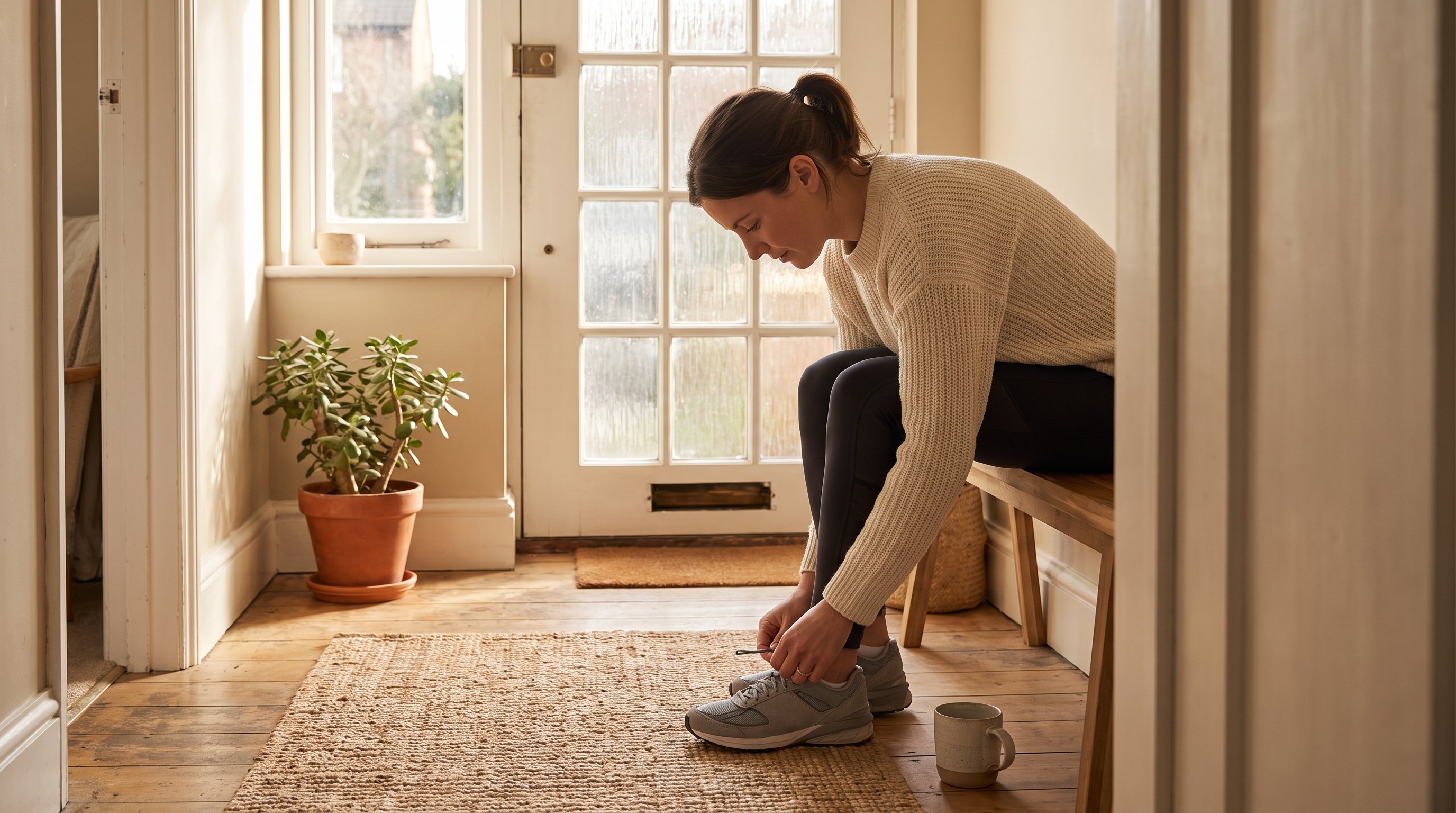 person tying running shoes by front door at dawn