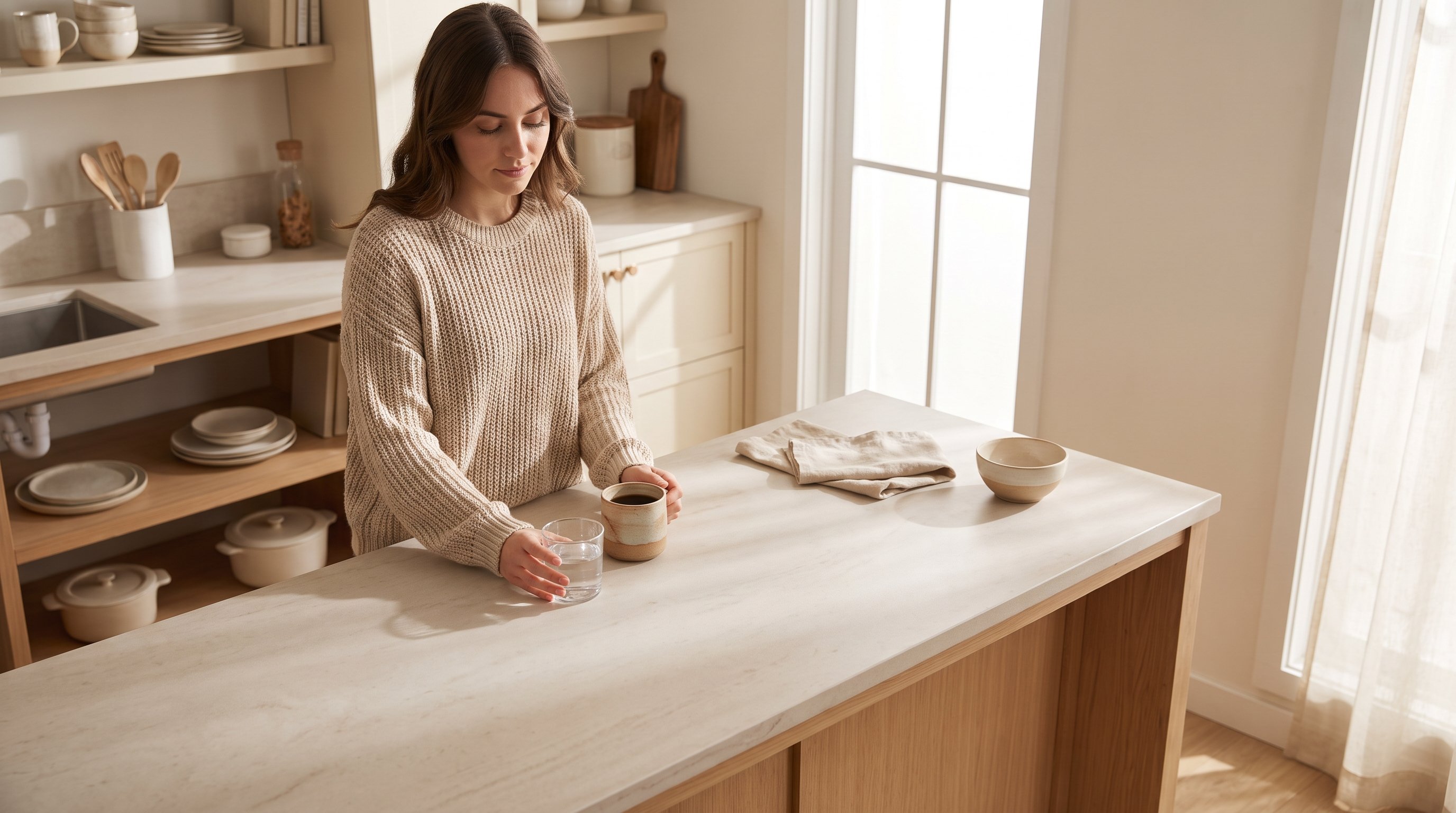 hand placing a single glass of water next to a coffee cup on a kitchen counter