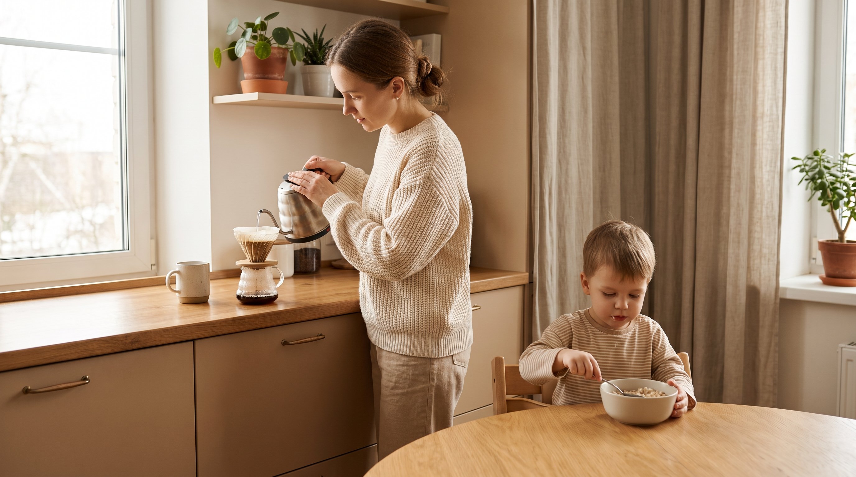 parent making coffee in a kitchen while a child eats breakfast nearby