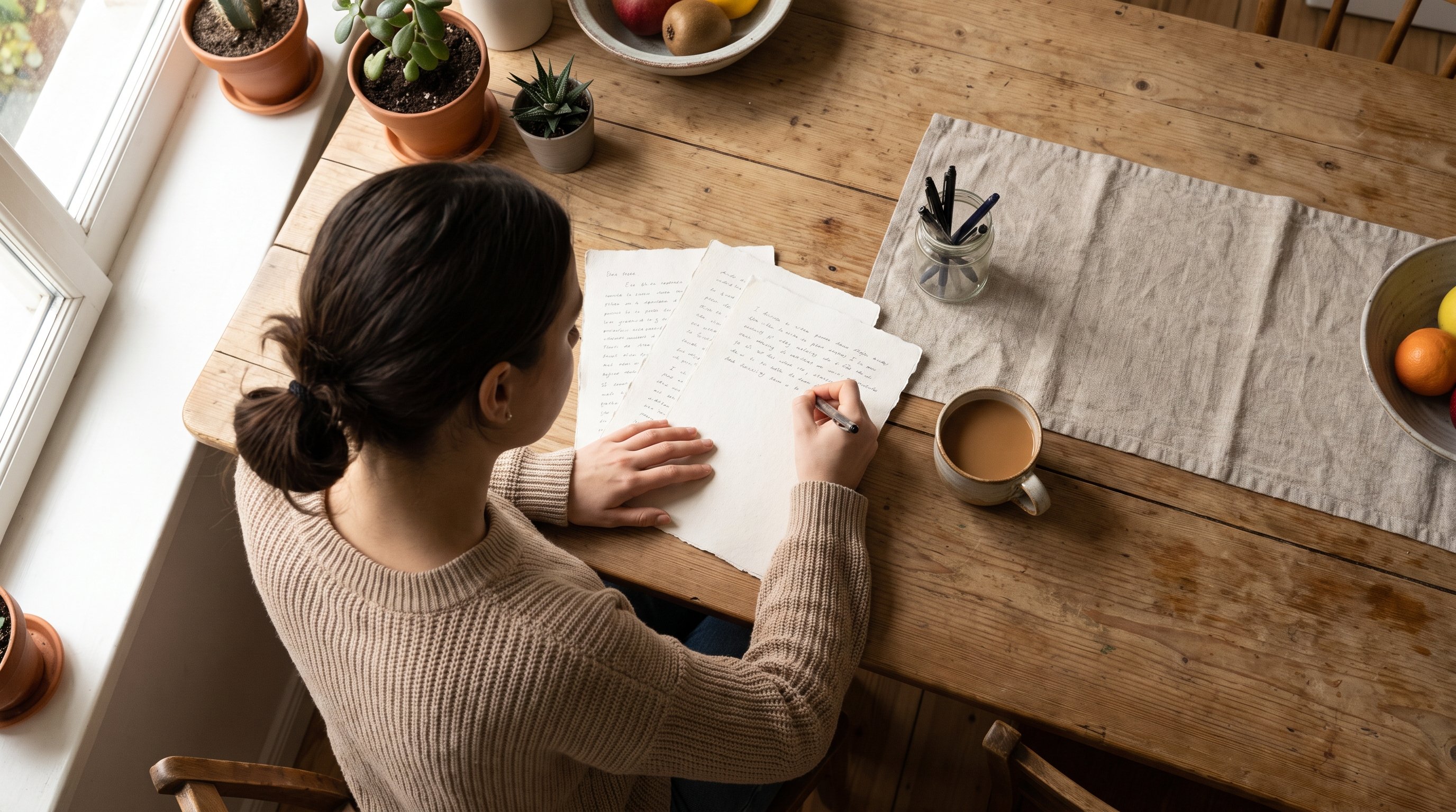 person writing notes in a journal next to an open book