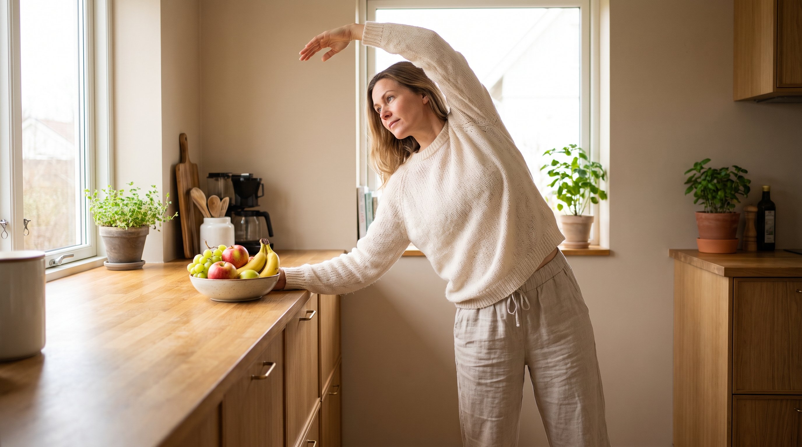 person stretching briefly in a kitchen before starting the day