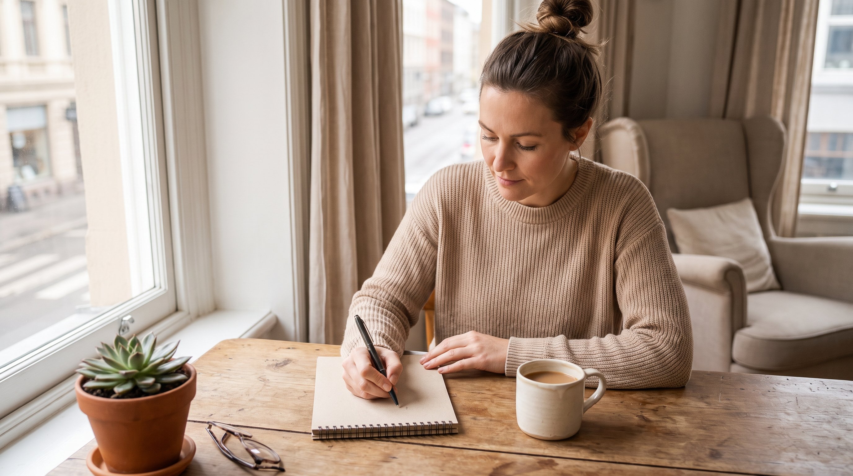 person journaling at a quiet desk by a window