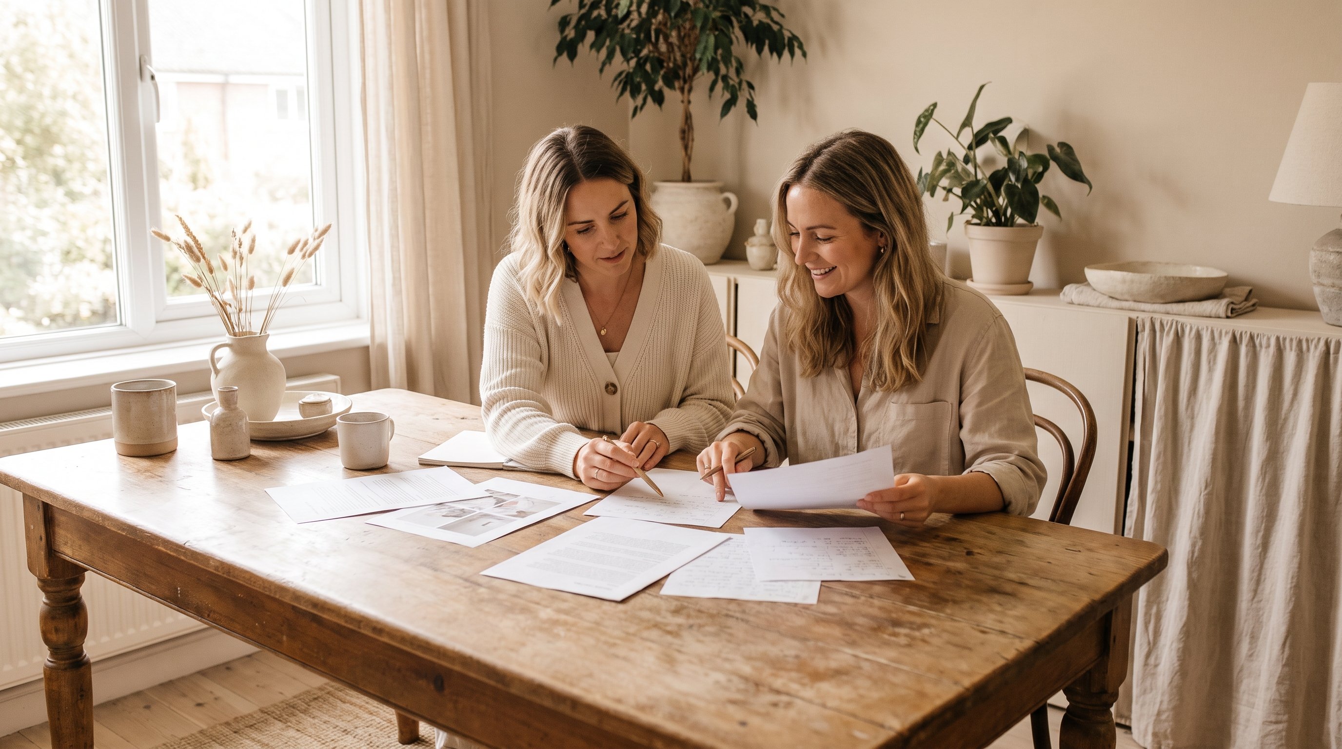two colleagues reviewing a project plan together at a desk