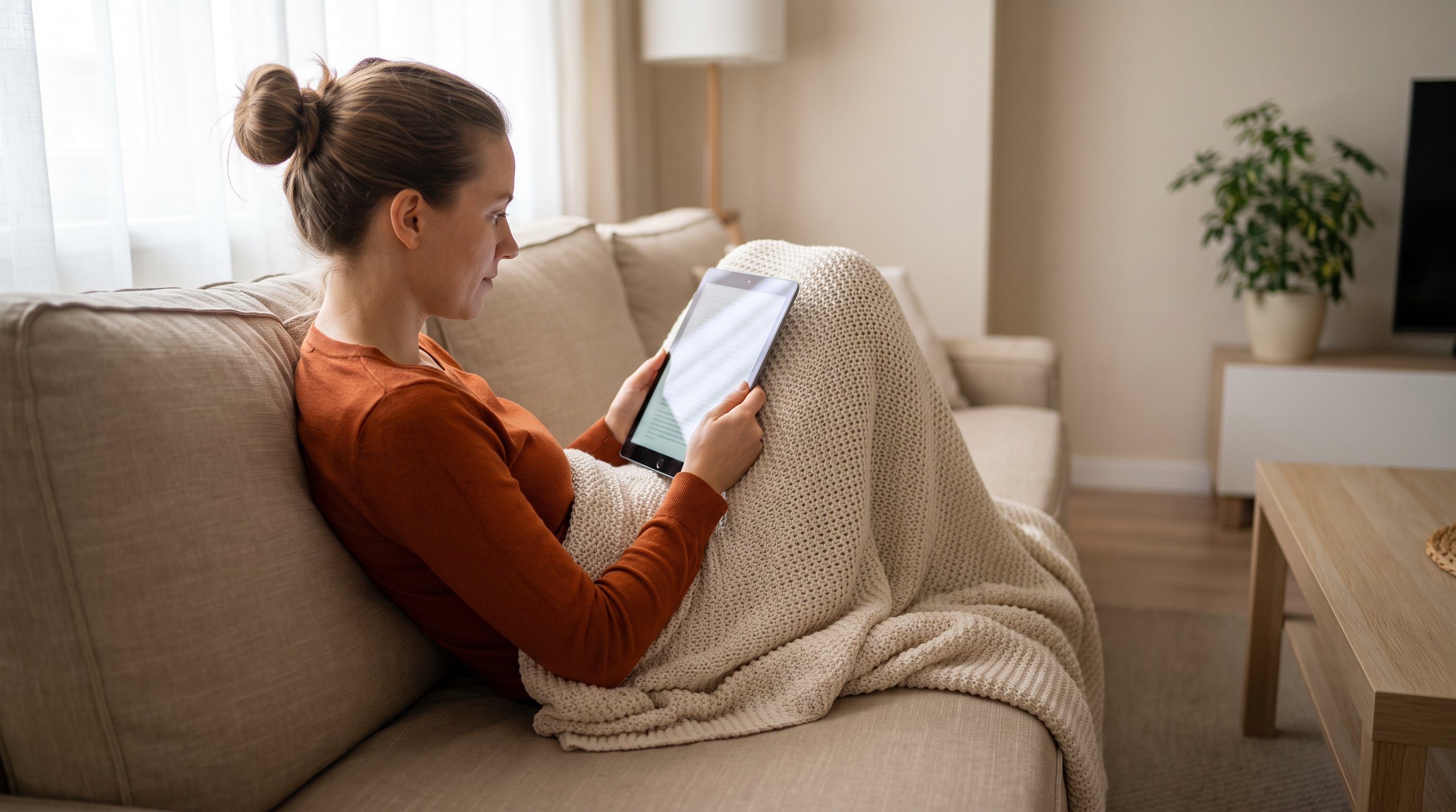 A woman in her 30s reading on the sofa under a blanket