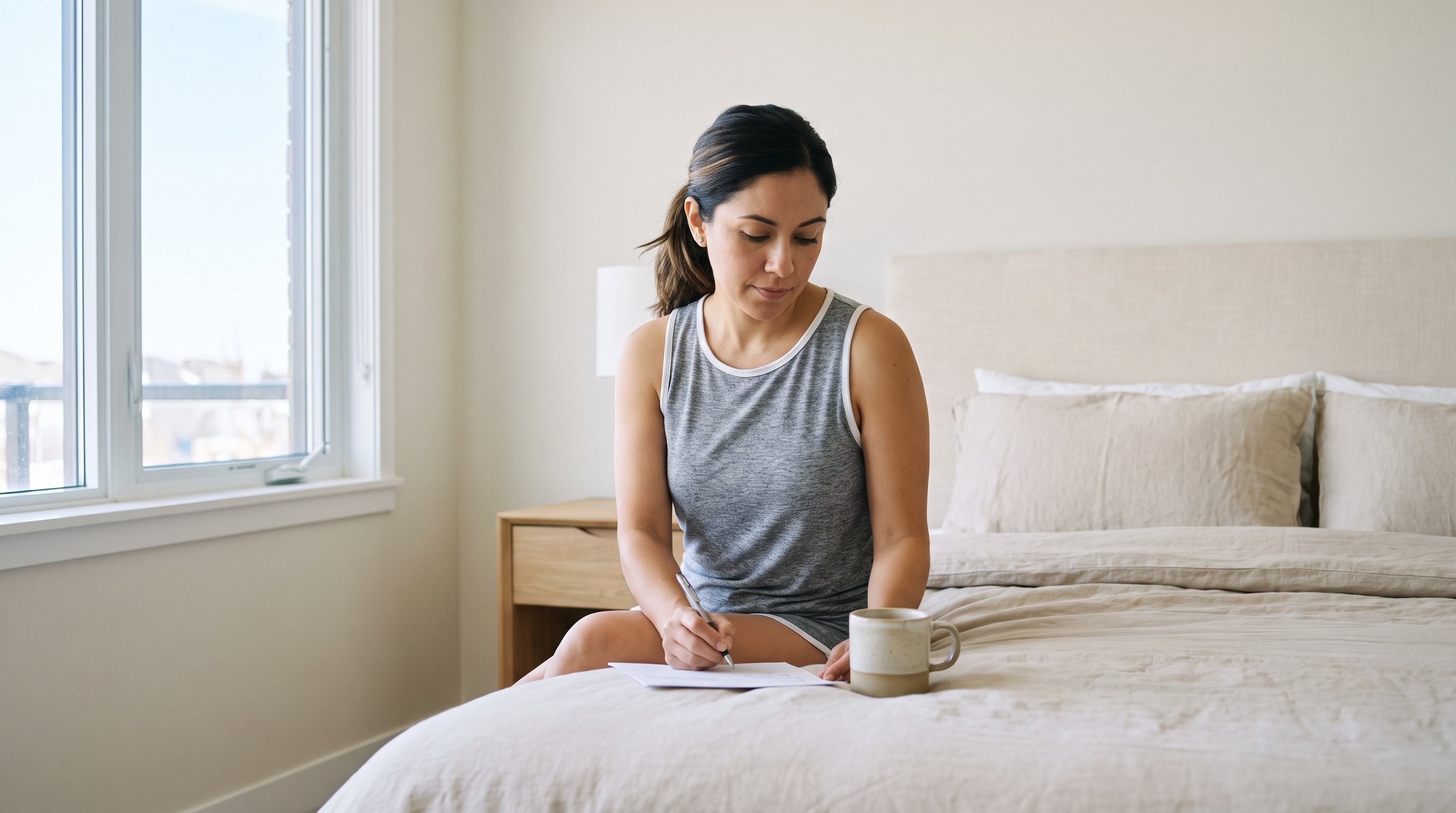 A woman in her 30s writing in a notebook with a cup of coffee
