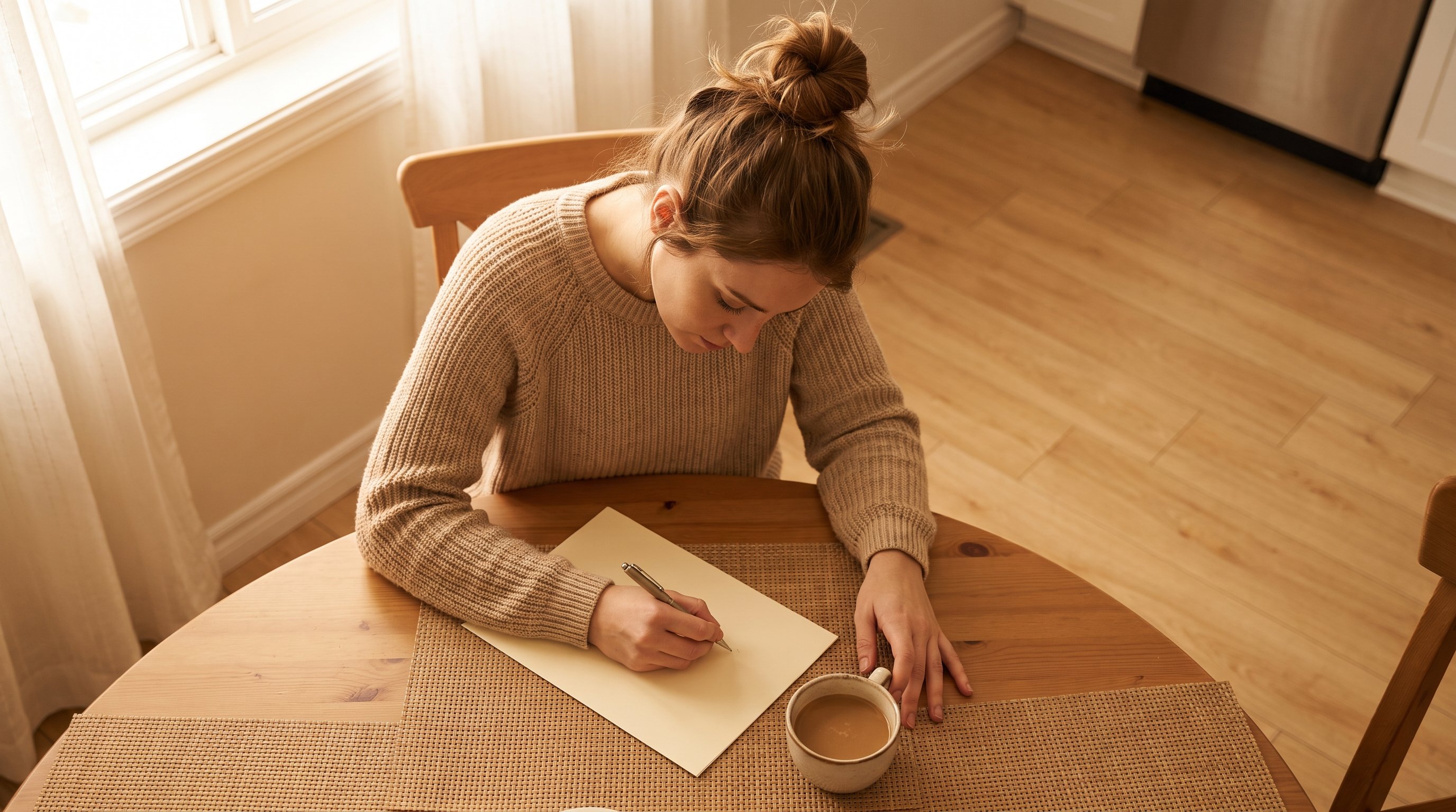 person writing a short checklist at a kitchen table in the morning