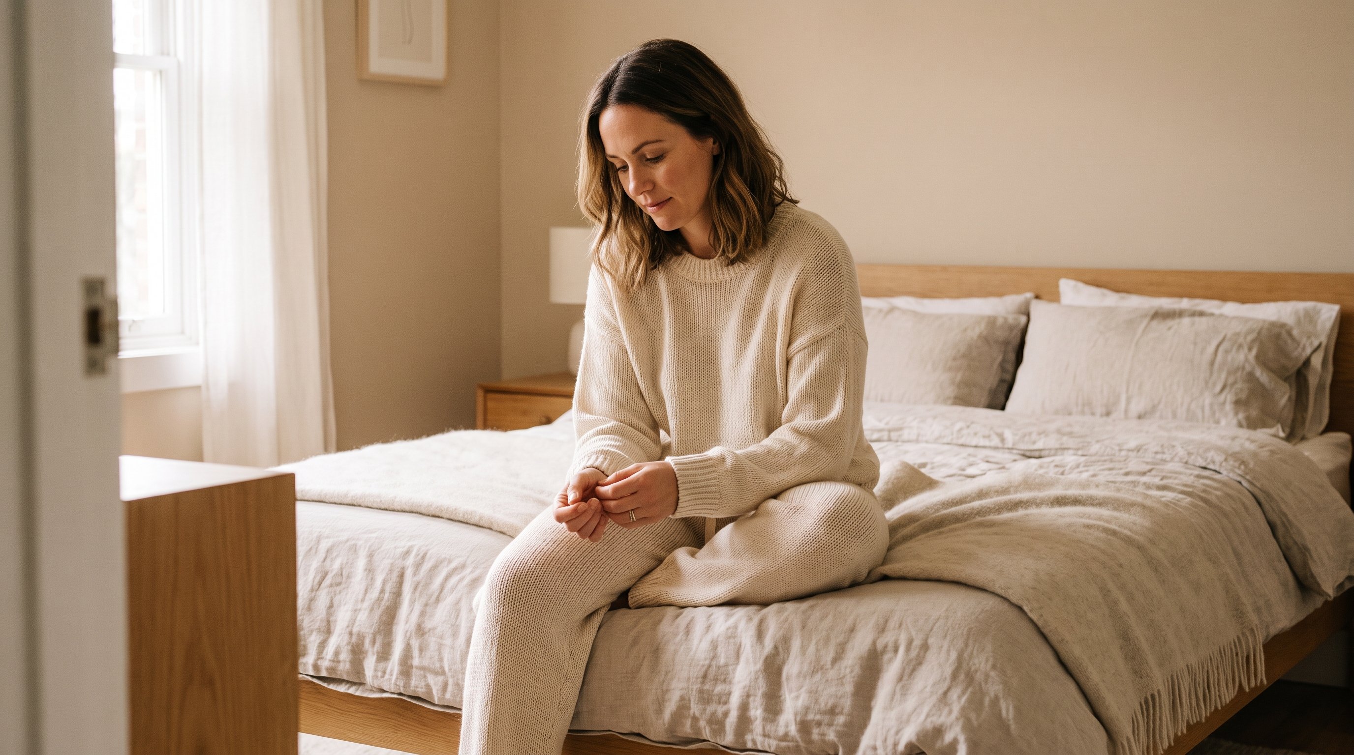 person sitting on bed staring at phone, unable to start the day