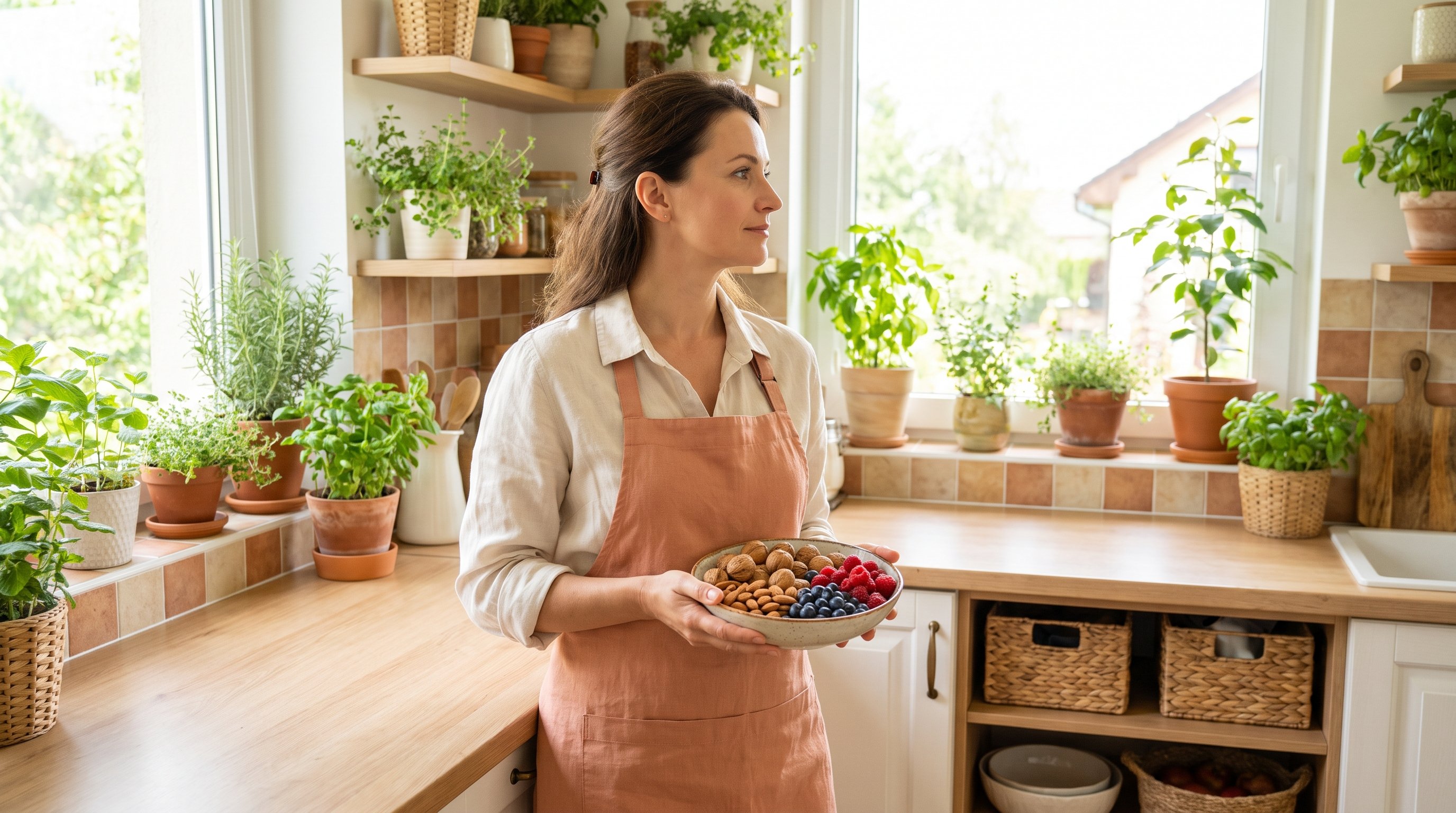 person swapping a sugary snack for a bowl of mixed nuts and fruit