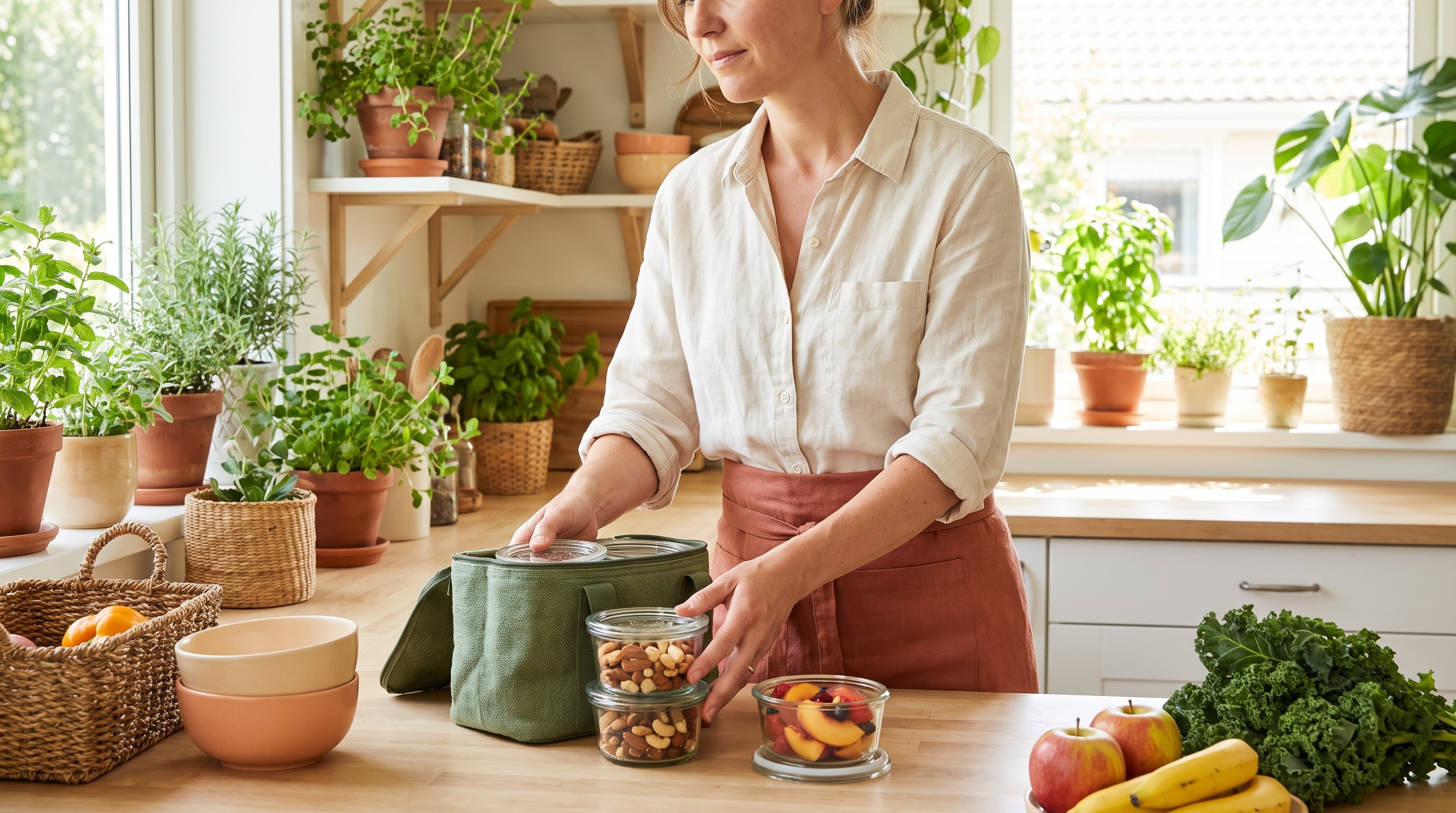 person packing nuts and fruit into a small lunch bag at a kitchen counter