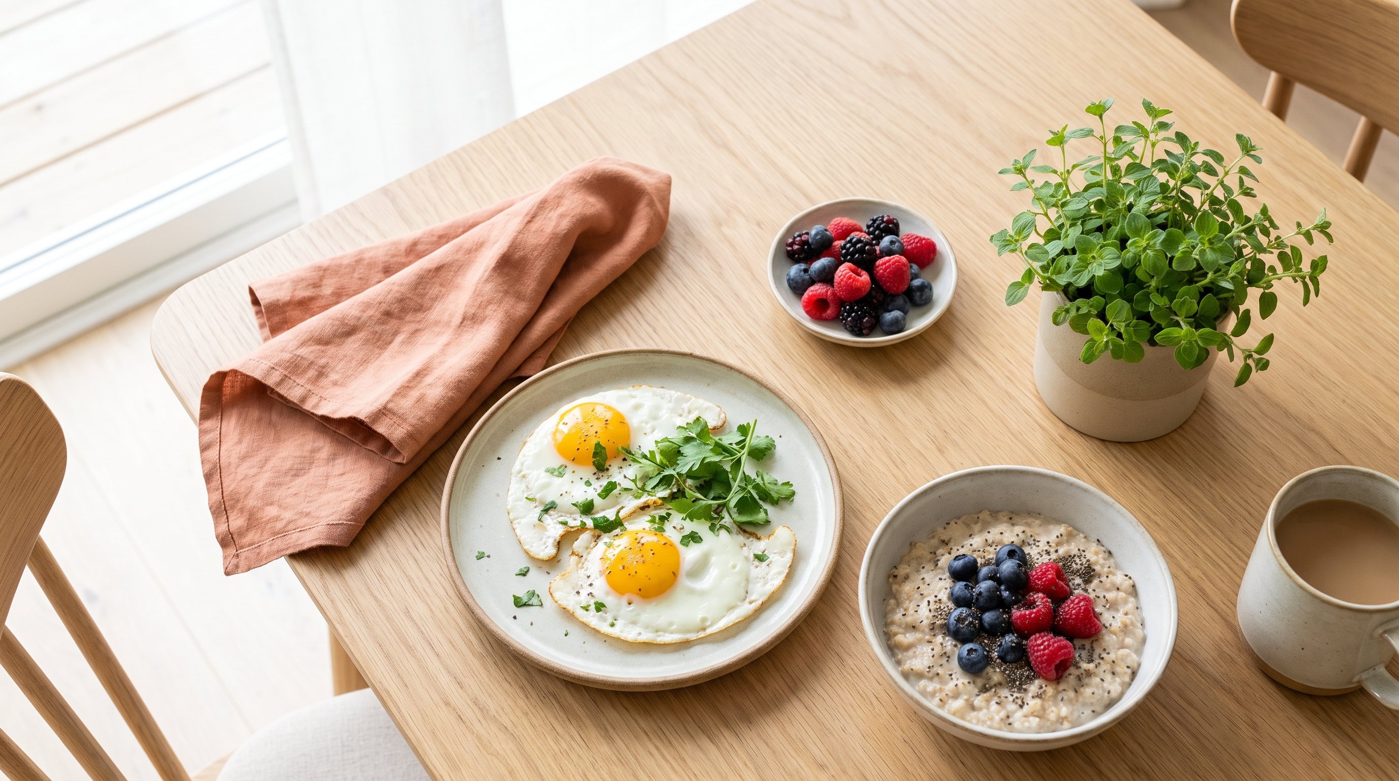 wooden table with eggs, oats and berries for breakfast