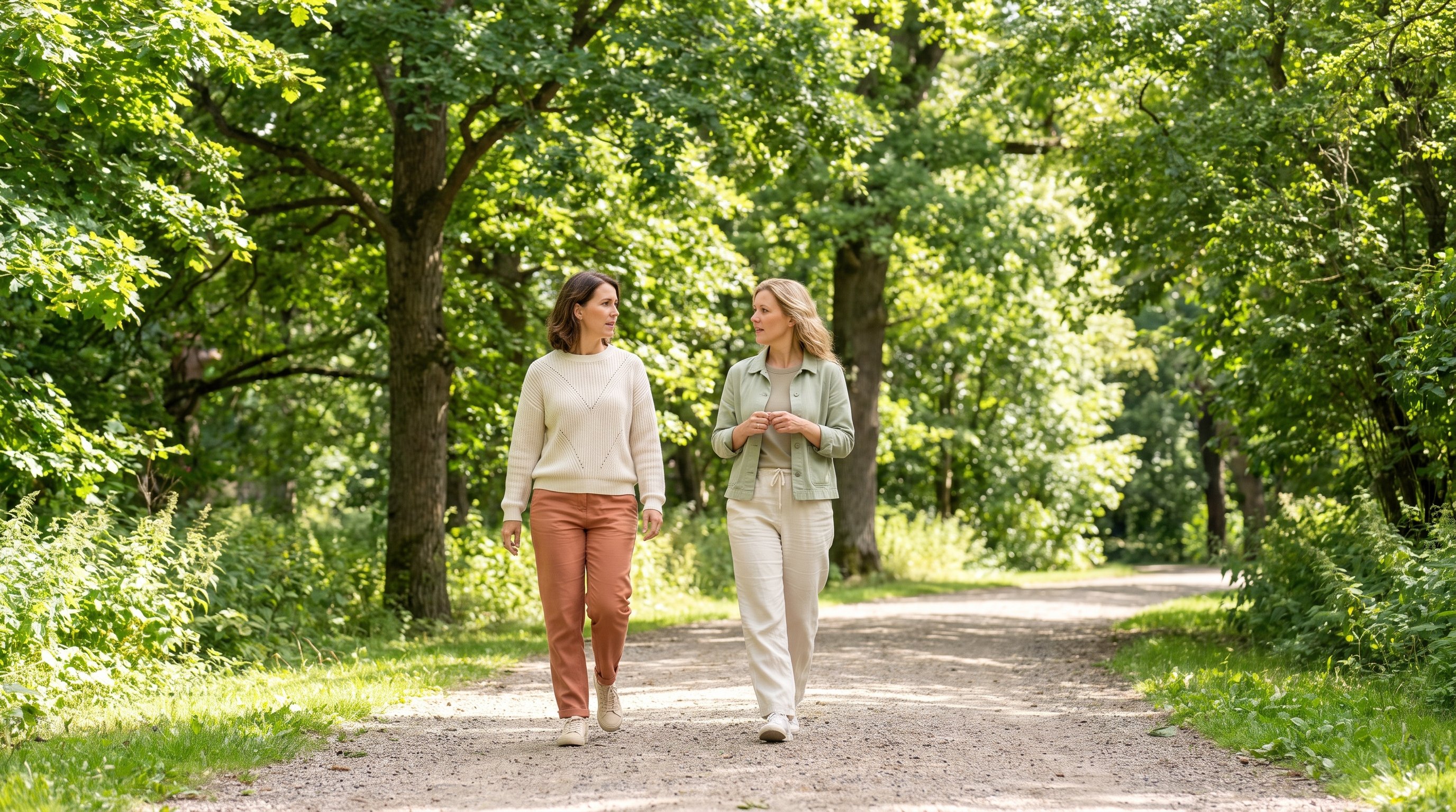 two people walking briskly together on a tree-lined path two people walking briskly together on a tree-lined path