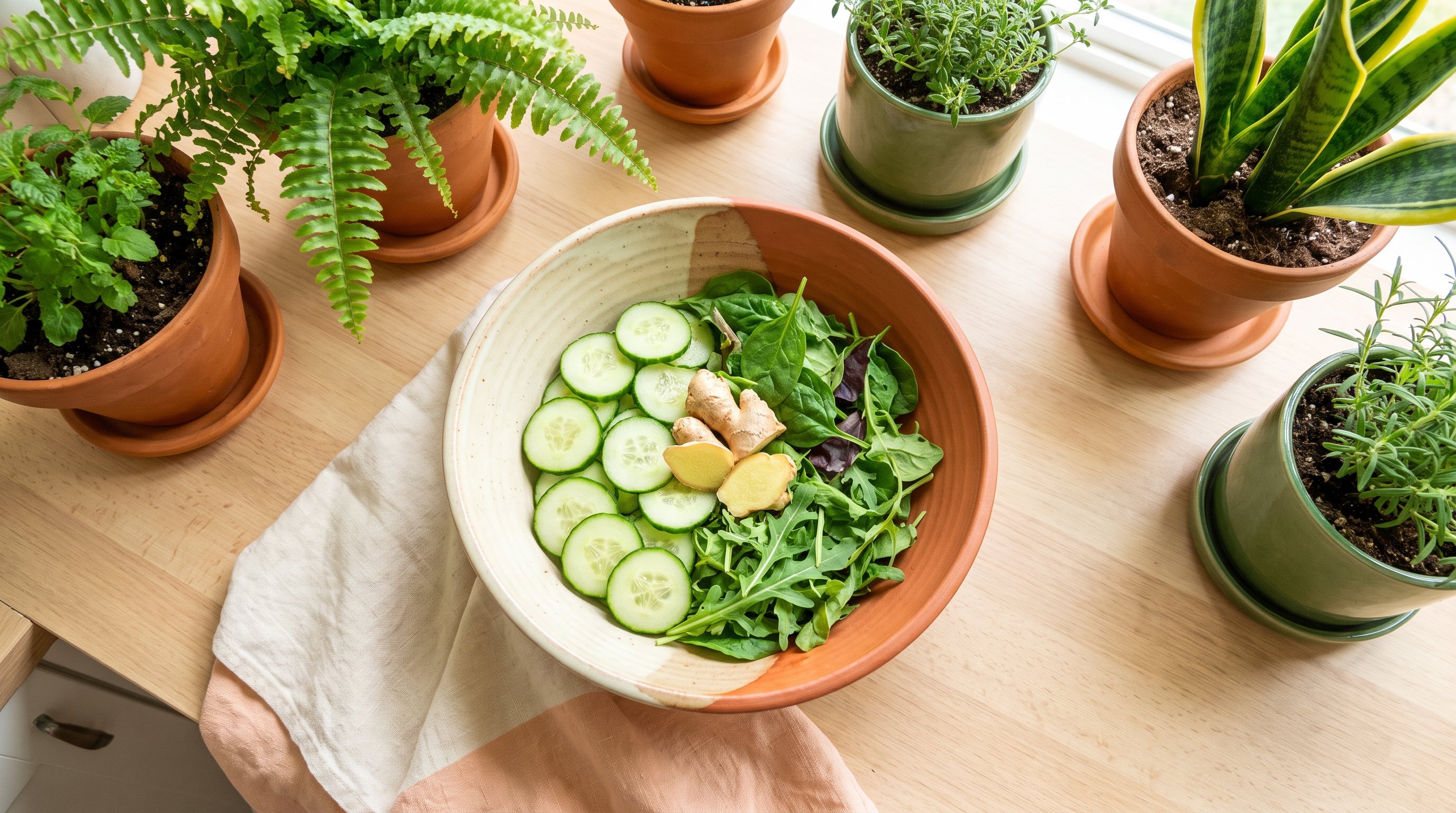 bowl of cucumber, ginger and leafy greens on a kitchen counter