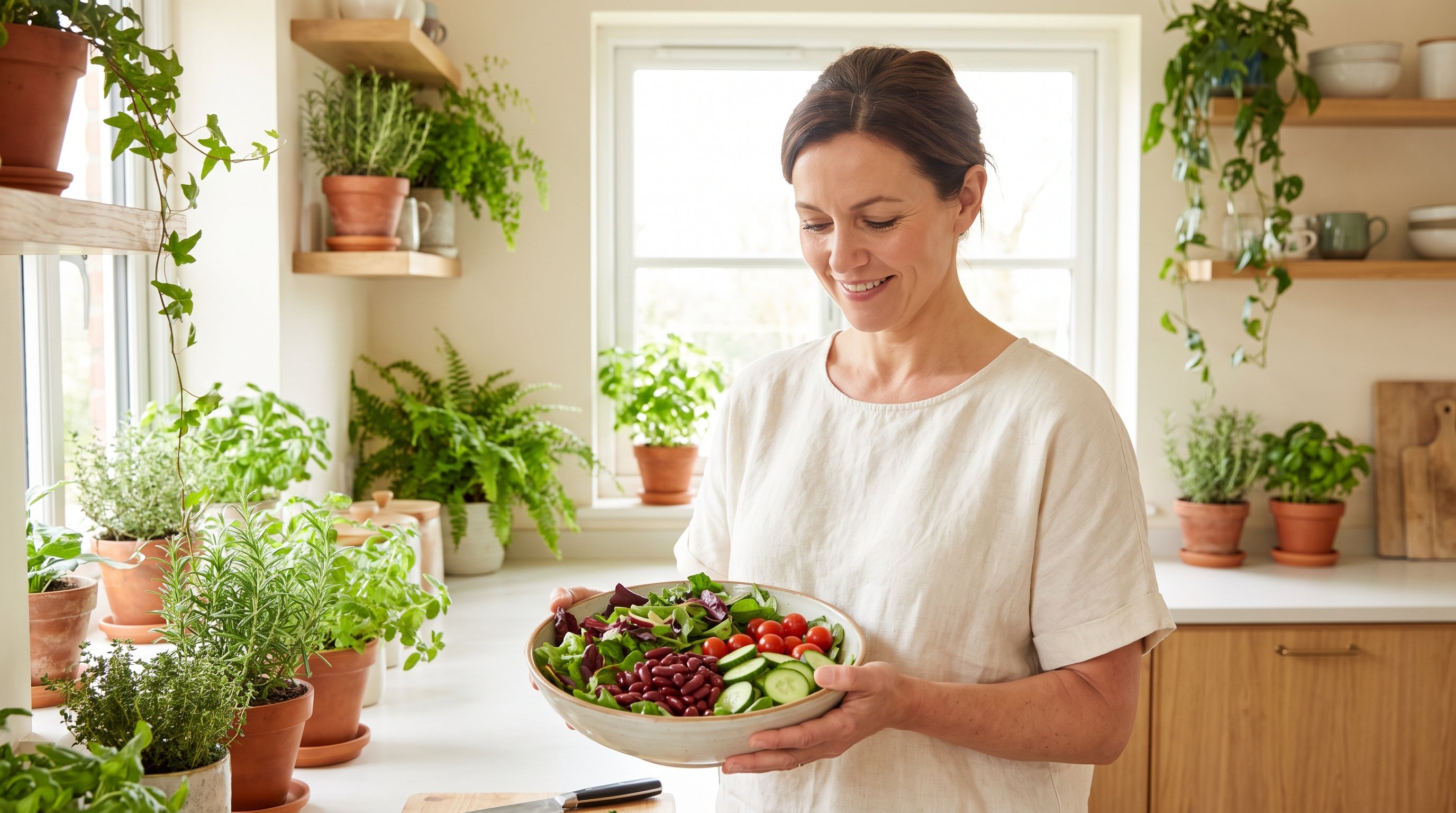 person adding beans and greens to a salad bowl in a home kitchen